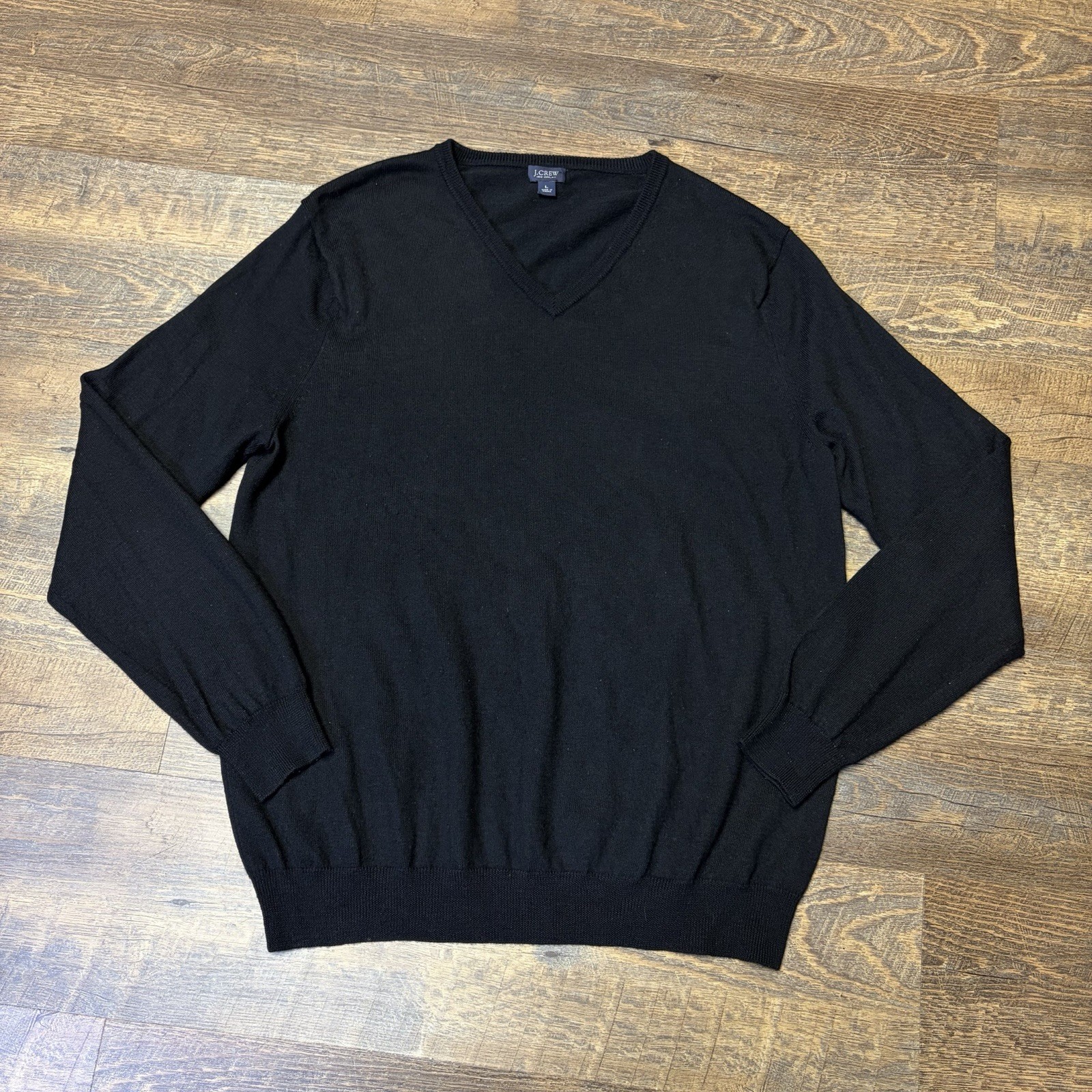 J Crew Merino Wool Sweater Pullover V-Neck Men’s Large Black Preppy Casual Knit