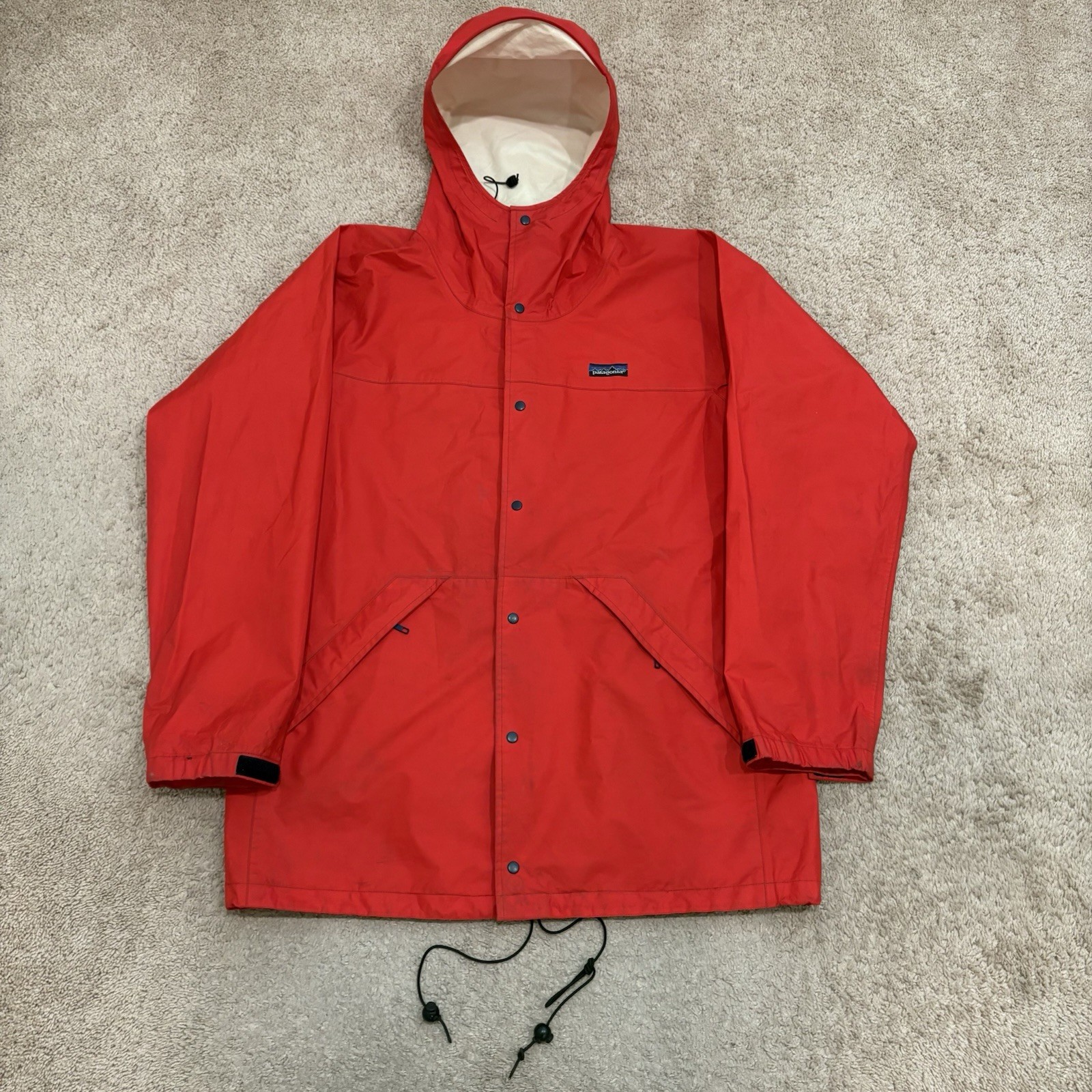 Vintage Patagonia Hooded Rain Jacket Mens Large Red Zip Snap Nylon Outdoor 90s