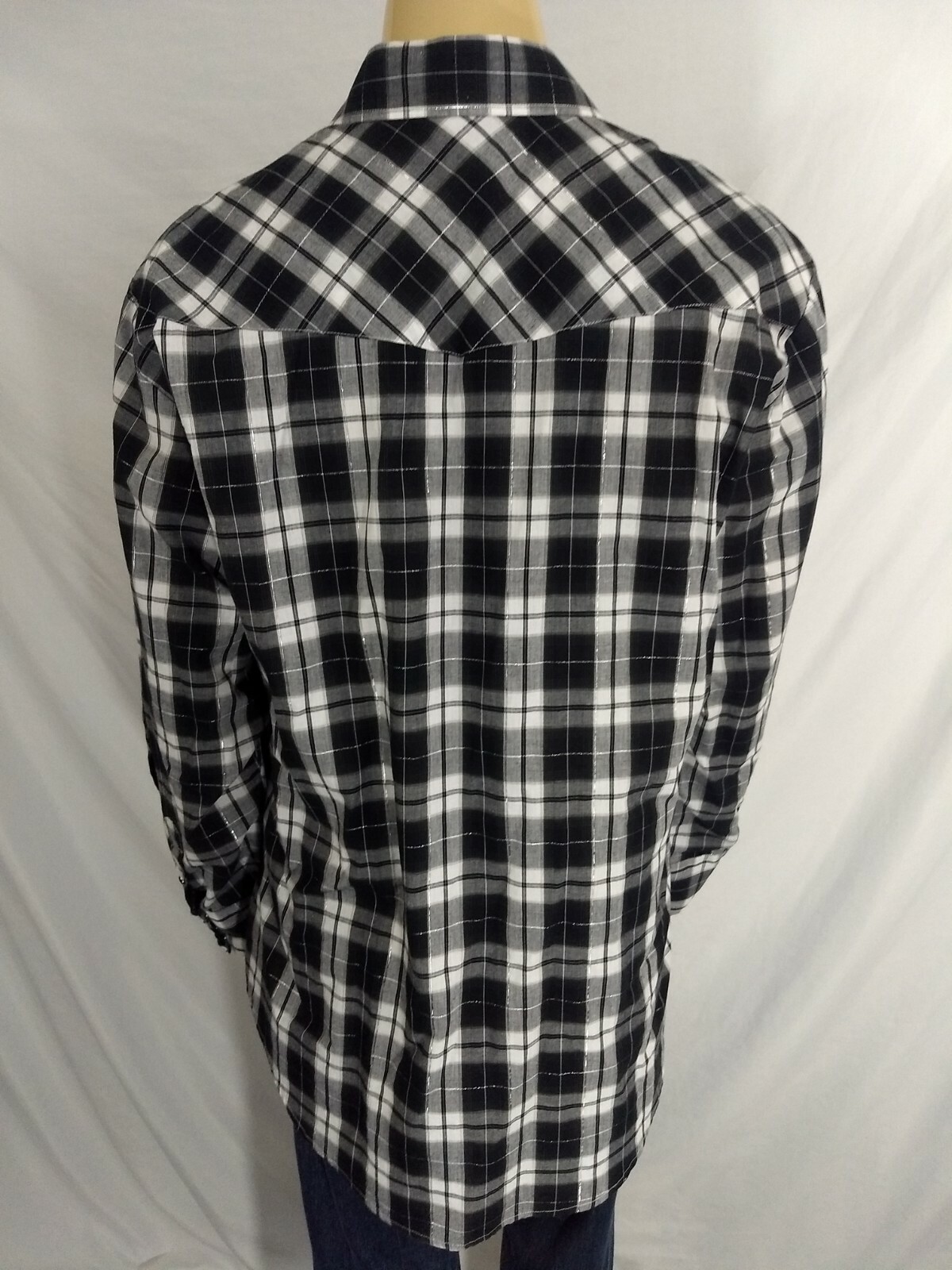 ROPER Western Snap Button Casual LS Shirt Men XL Black White Silver Check Cowboy