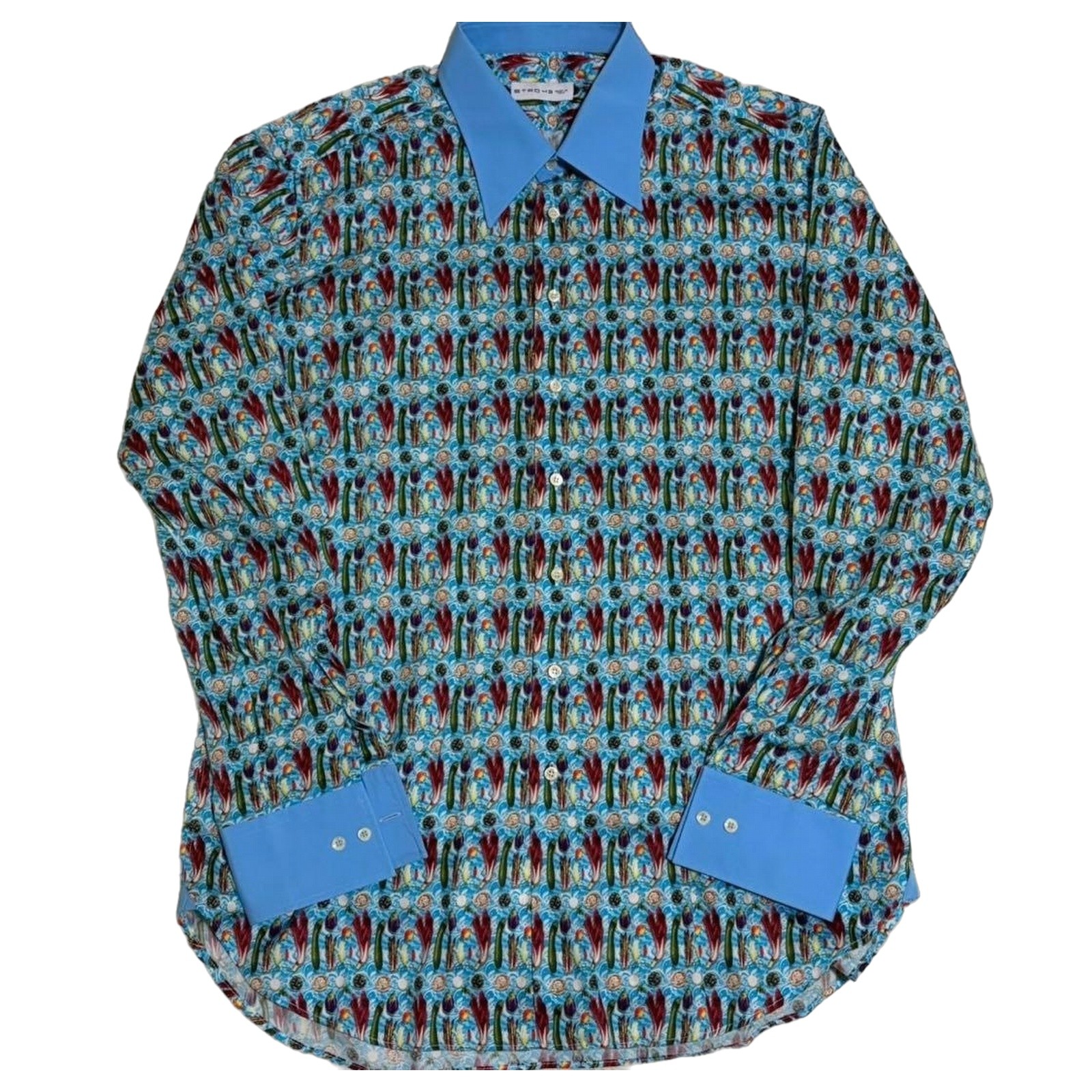 Rare ETRO Men’s Vegetable Pattern Blue Long Sleeve Shirt Size L 43cm F/S