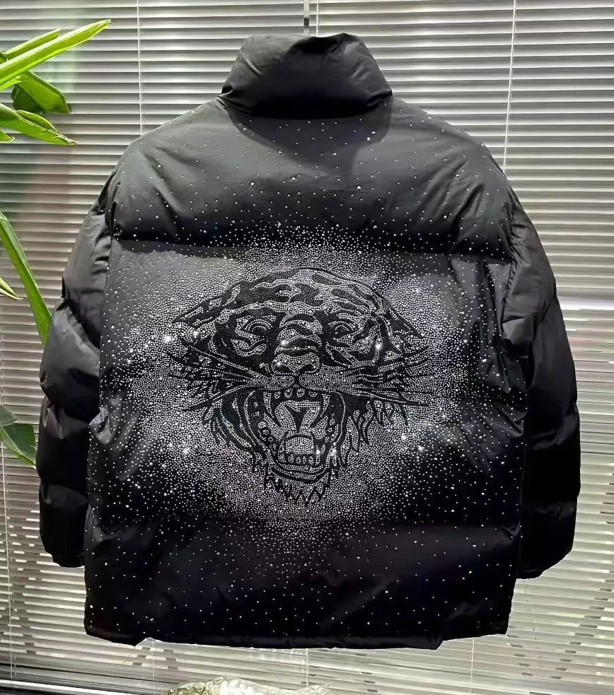 New Men Luxury Diamond Tiger Rhinestones Fashion Black Coat High Quality Jacket