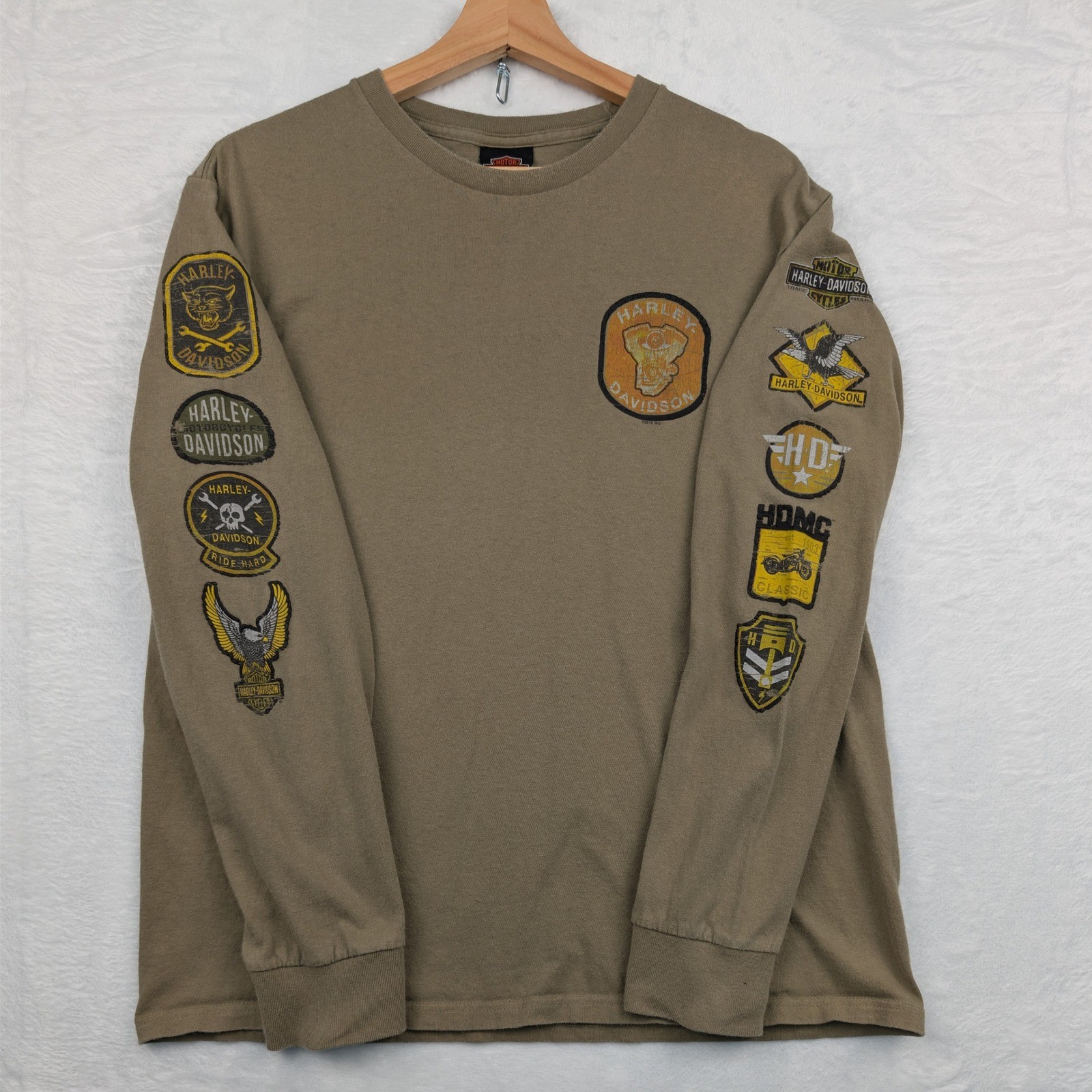 Harley-Davidson Shirt Men’s L Olive Long Sleeve Black Widow Patch Graphic Biker