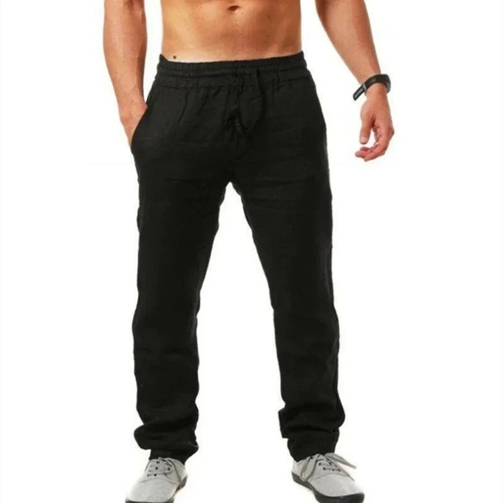 Men’s Cotton Linen Pants Breathable Casual Trousers Elastic Fit Summer Gym Gift