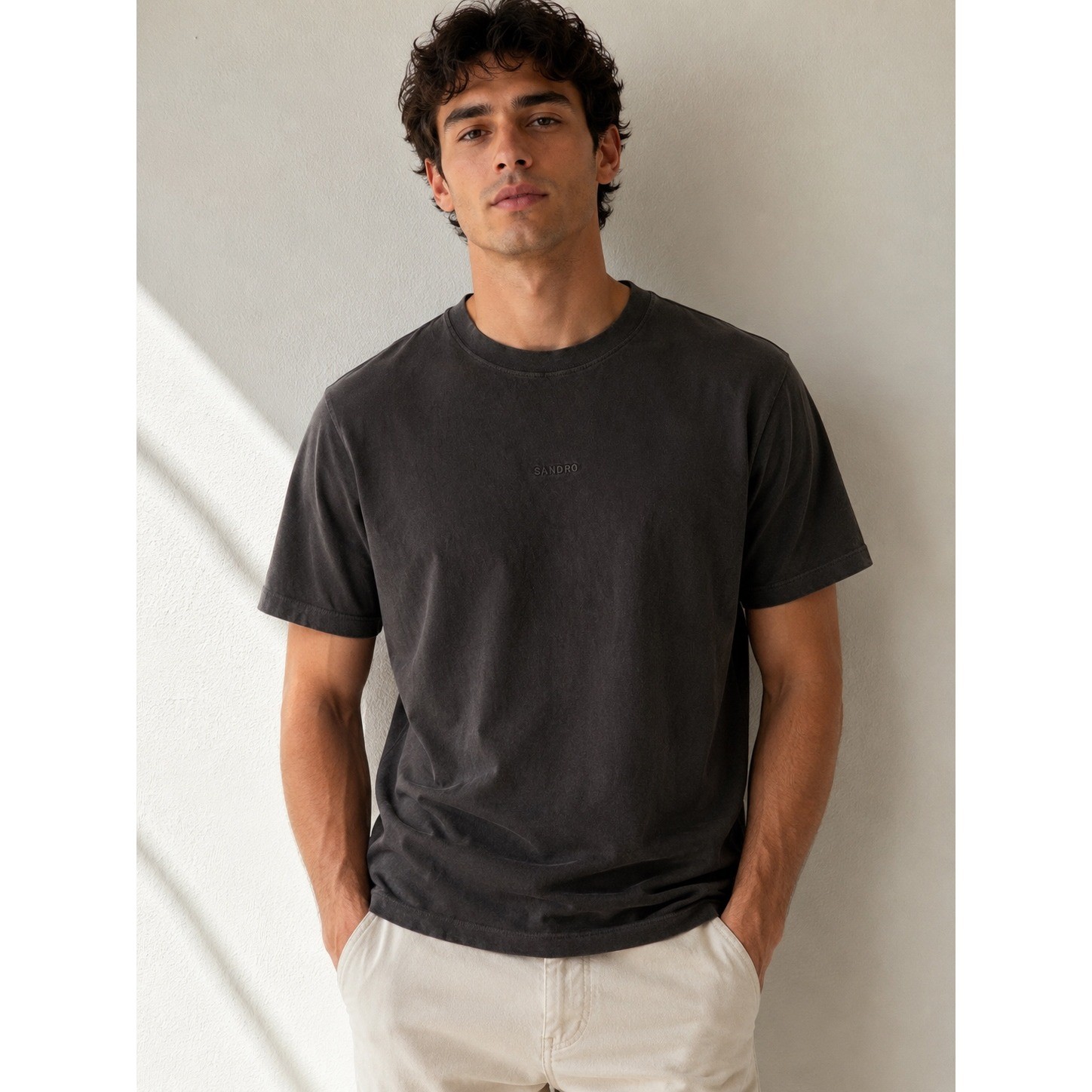 Sandro Paris Mens Embroidered Logo T-Shirt Charcoal Gray Cotton Size M