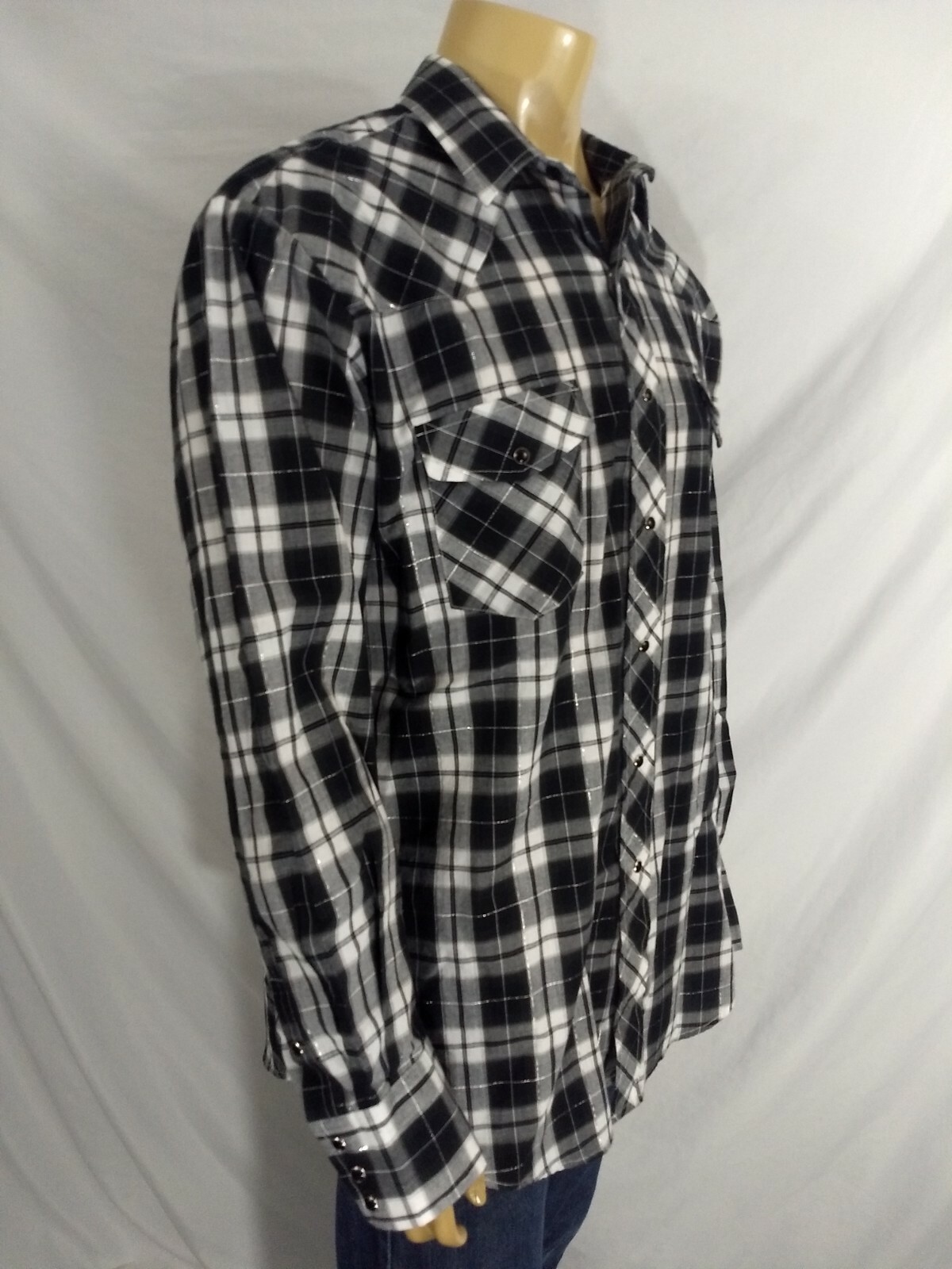 ROPER Western Snap Button Casual LS Shirt Men XL Black White Silver Check Cowboy