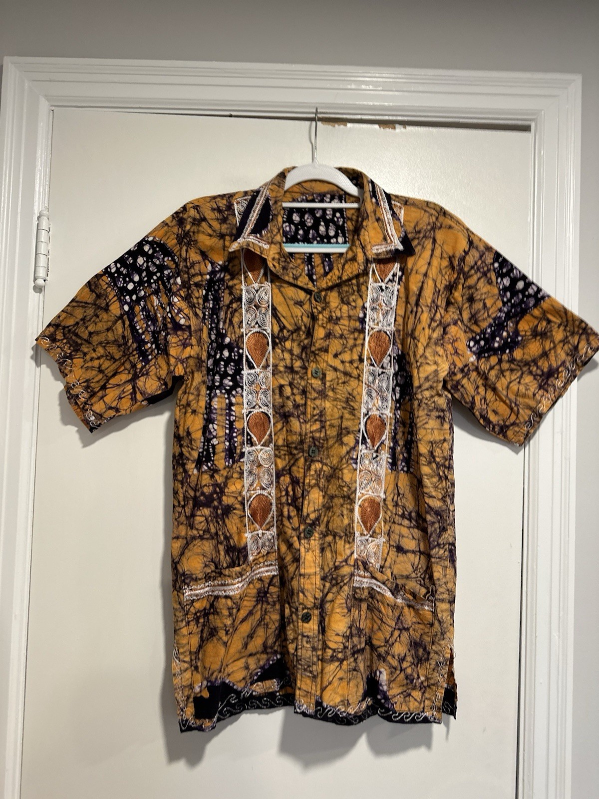 Vintage Style African Batik Shirt Short Sleeve Embroidered Panel Front Top