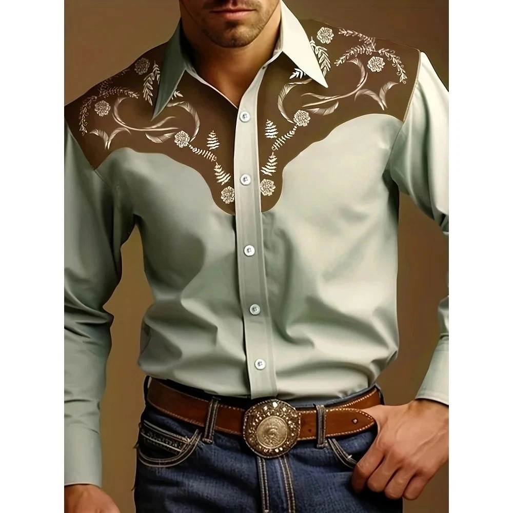 Men’s Western Cowboy Shirt Long Sleeve Retro Printing Casual Buttons Down Shirt