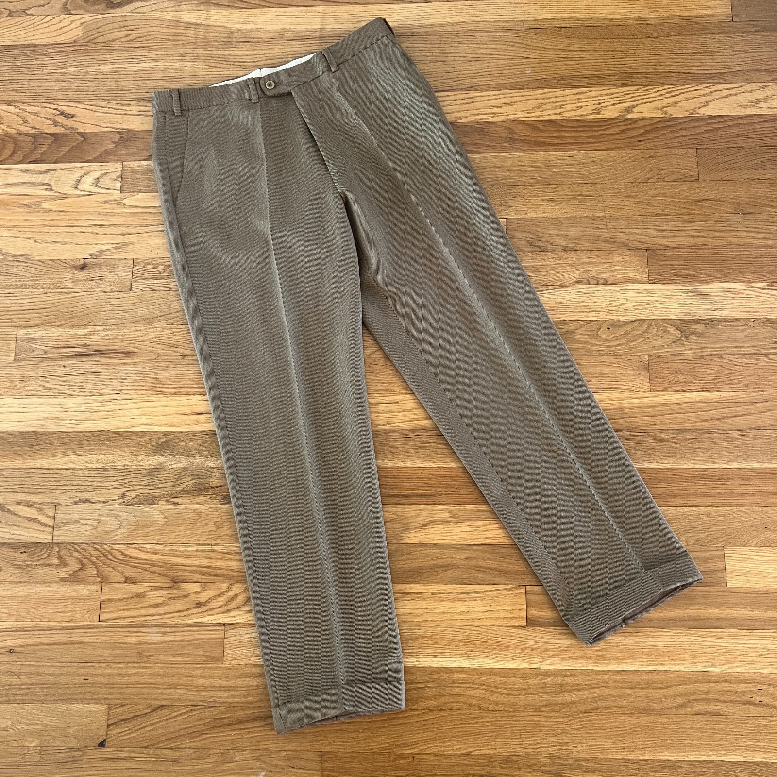 Mabitex Tasmanian Wool Twill Tan Cuffed Flat-Front Dress Pants – Men’s 50/34×30