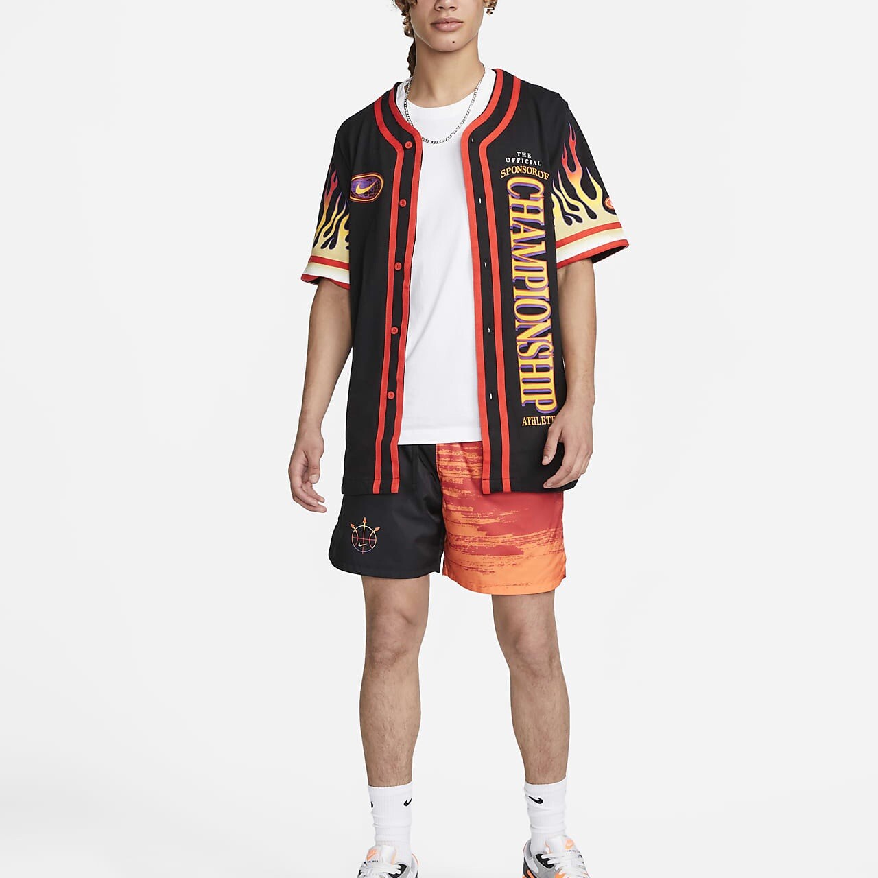 [S] NIKE AMERICANA TOP CHAMPIONSHIP ATHLETES Flames Button Shirt Black Orange