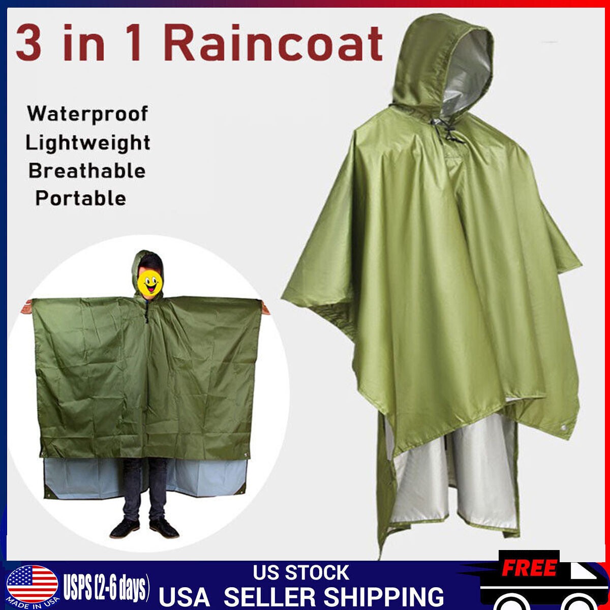 3 in 1 Multifunctional Raincoat Waterproof Rain Poncho Backpack Hiking RainCover