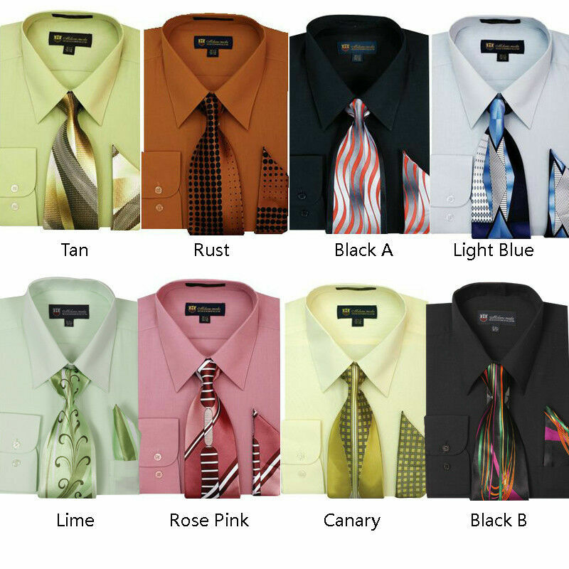 Men’s Dress Shirt with Matching Tie And Handkerchief Set 8 Colors Size 15~20