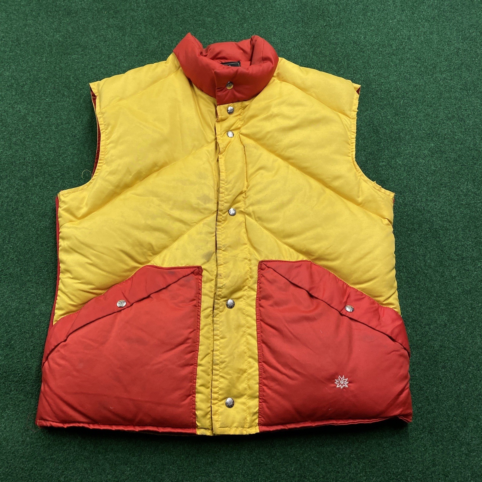 Vintage Alpine Designs Puffer Vest Mens M Yellow Red 70S Goose Down Gorpcore USA