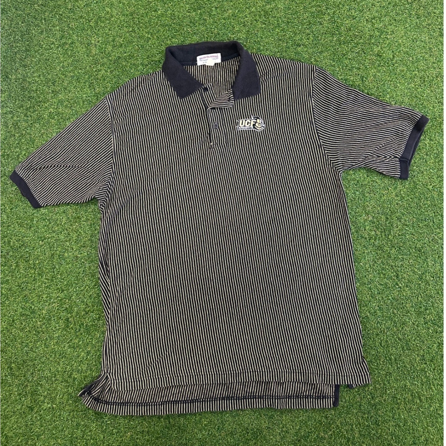 Vintage UCF Knights Polo Shirt Men XL Black Gold Pinstripe Vantage Apparel