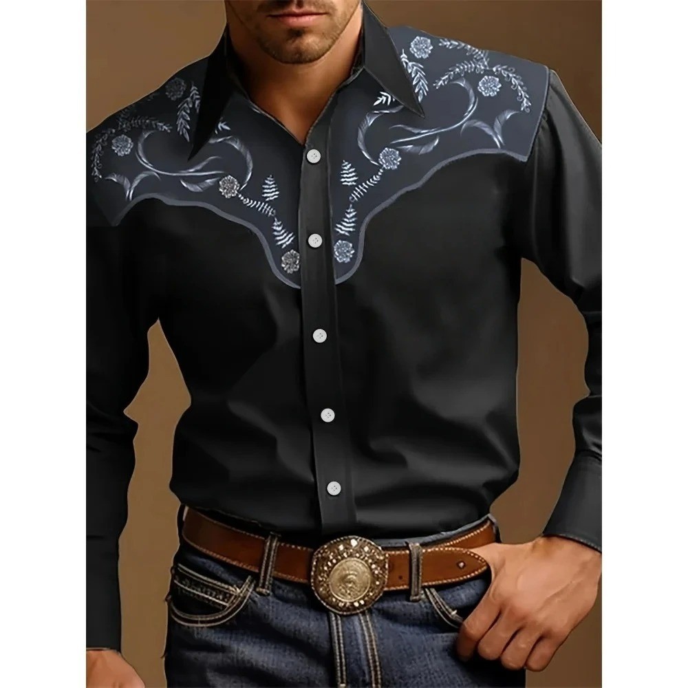Men’s Western Cowboy Shirt Long Sleeve Retro Printing Casual Buttons Down Shirt