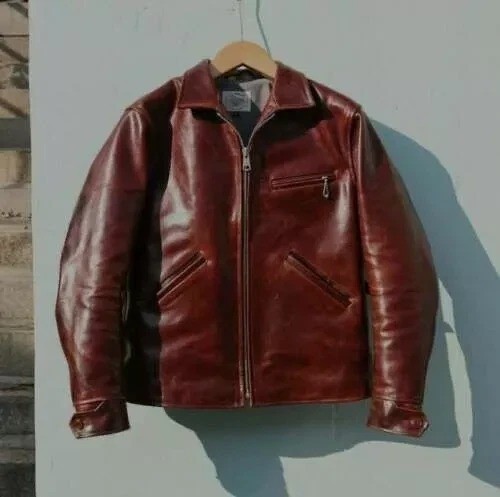 Burgundy Spread Collar Cafe Racer Motorcycle Biker Real Leather Jacket For Men