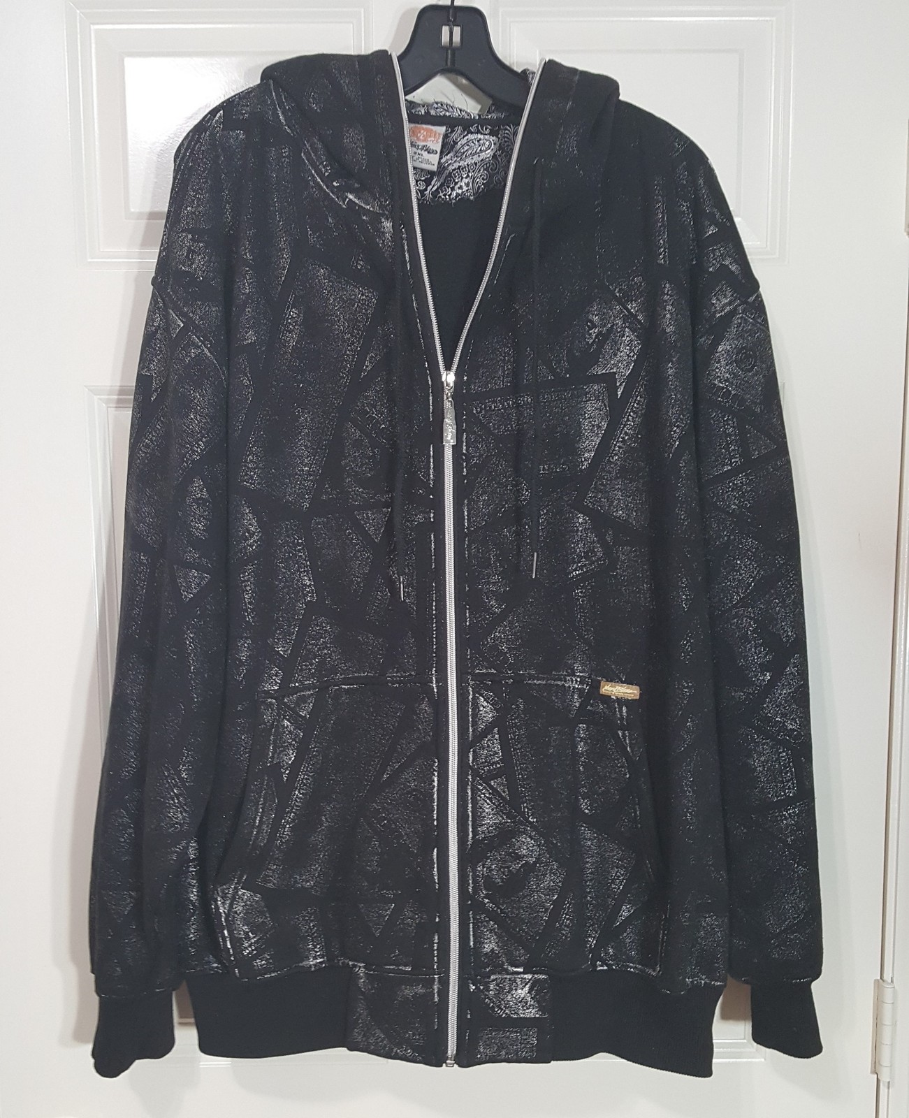 Johnny Blaze Zip Front Hoodie Jacket Black Distressed Metallic $100 Bills 2XL, n