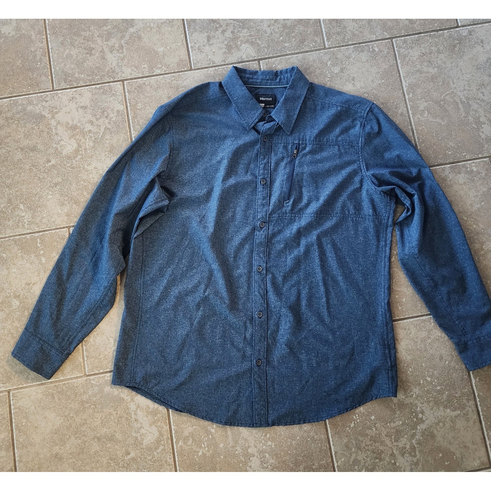 Marmot Mens XXL Blue Long Sleeve Button Down Outdoor Hiking Shirt Zipper Pocket