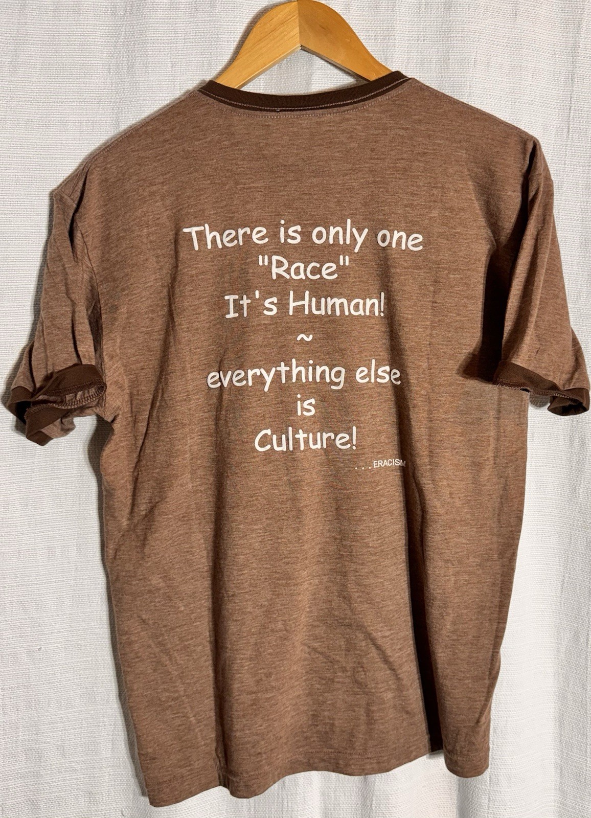Vintage ERACISM Ringer T-Shirt Large Brown Graphic “There Is Only One Race” Tee