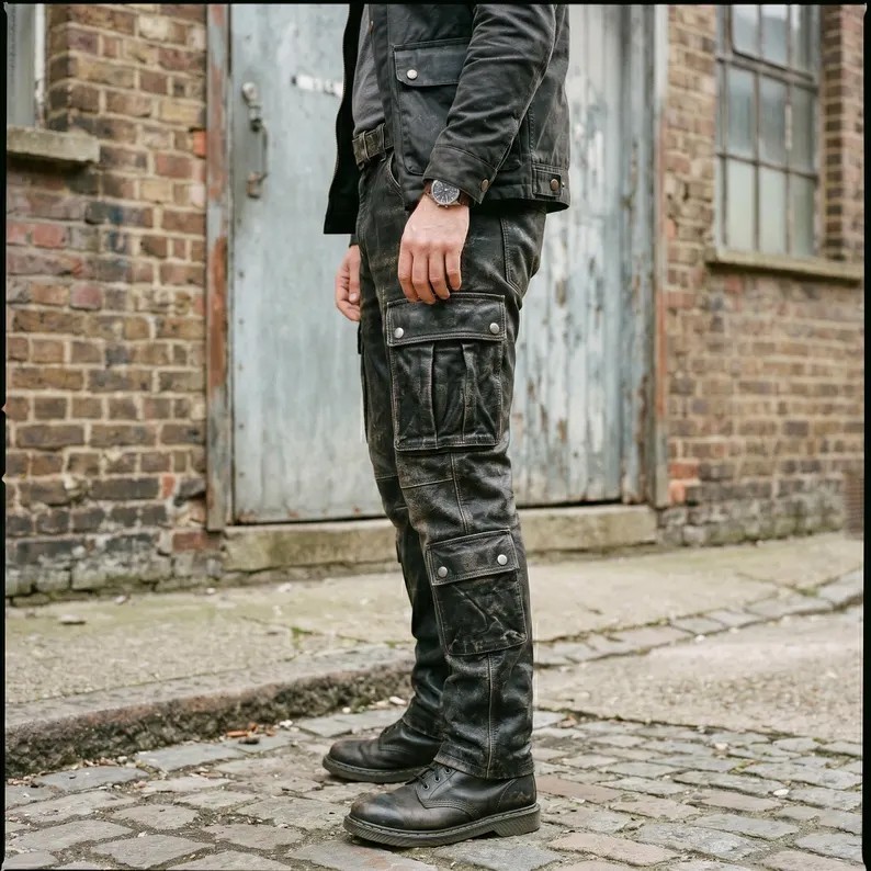 Men’s Genuine Leather Cargo Pants Distressed Black Biker Trousers Multi Pockets