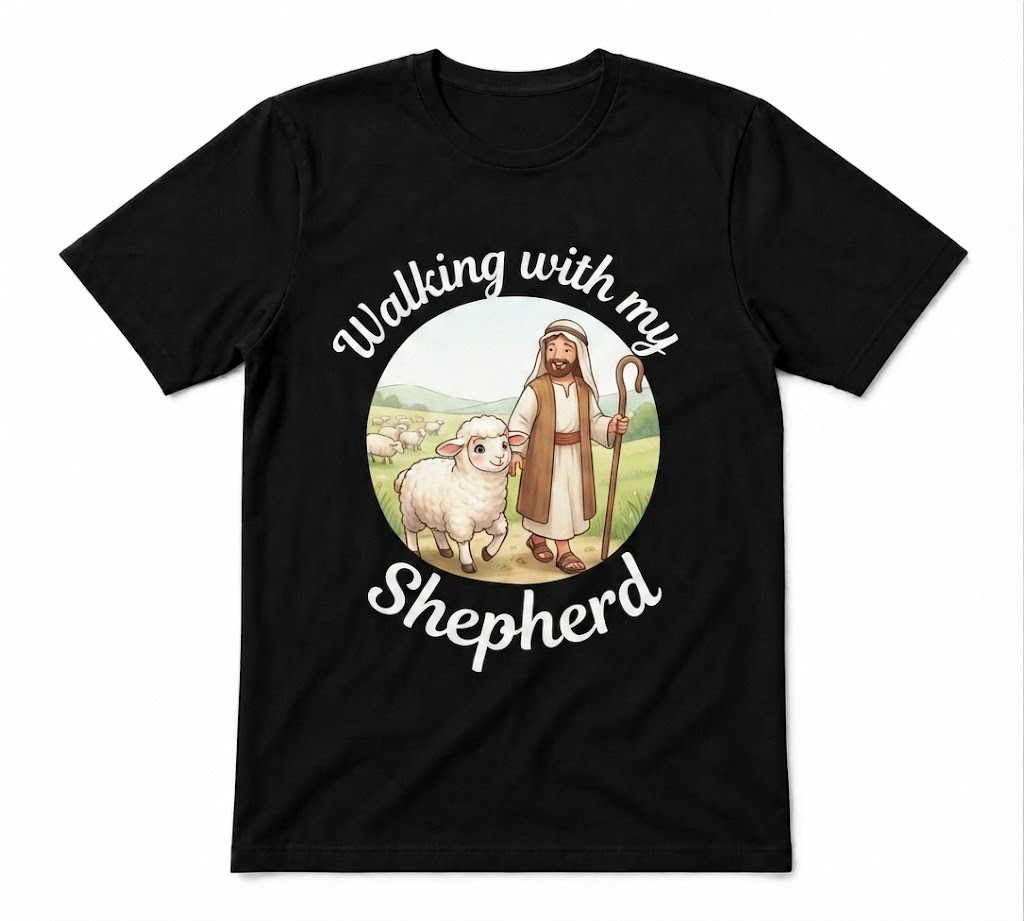 Walking With My Shepherd Cute Lamb Faith Christian Jesus Unisex Black T-shirt