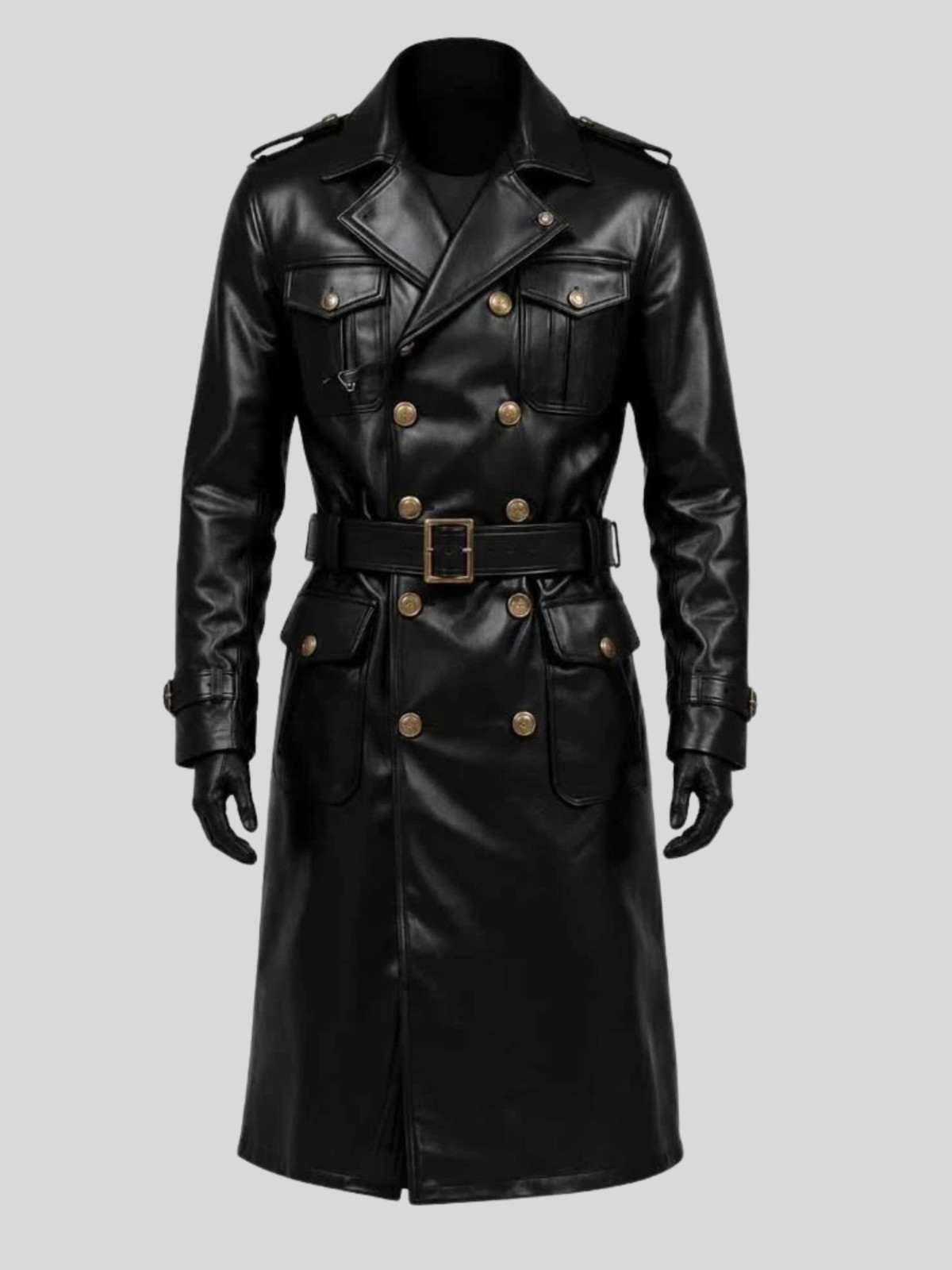 Men’s German Classic WW2 Military Officer Uniform Black Leather Trench Coat