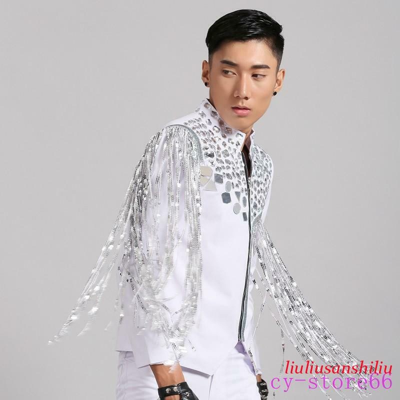 Glitter Men’s Sequins Coat Tassels Jackets Rhinestone Blazer Korean Nightclub SZ