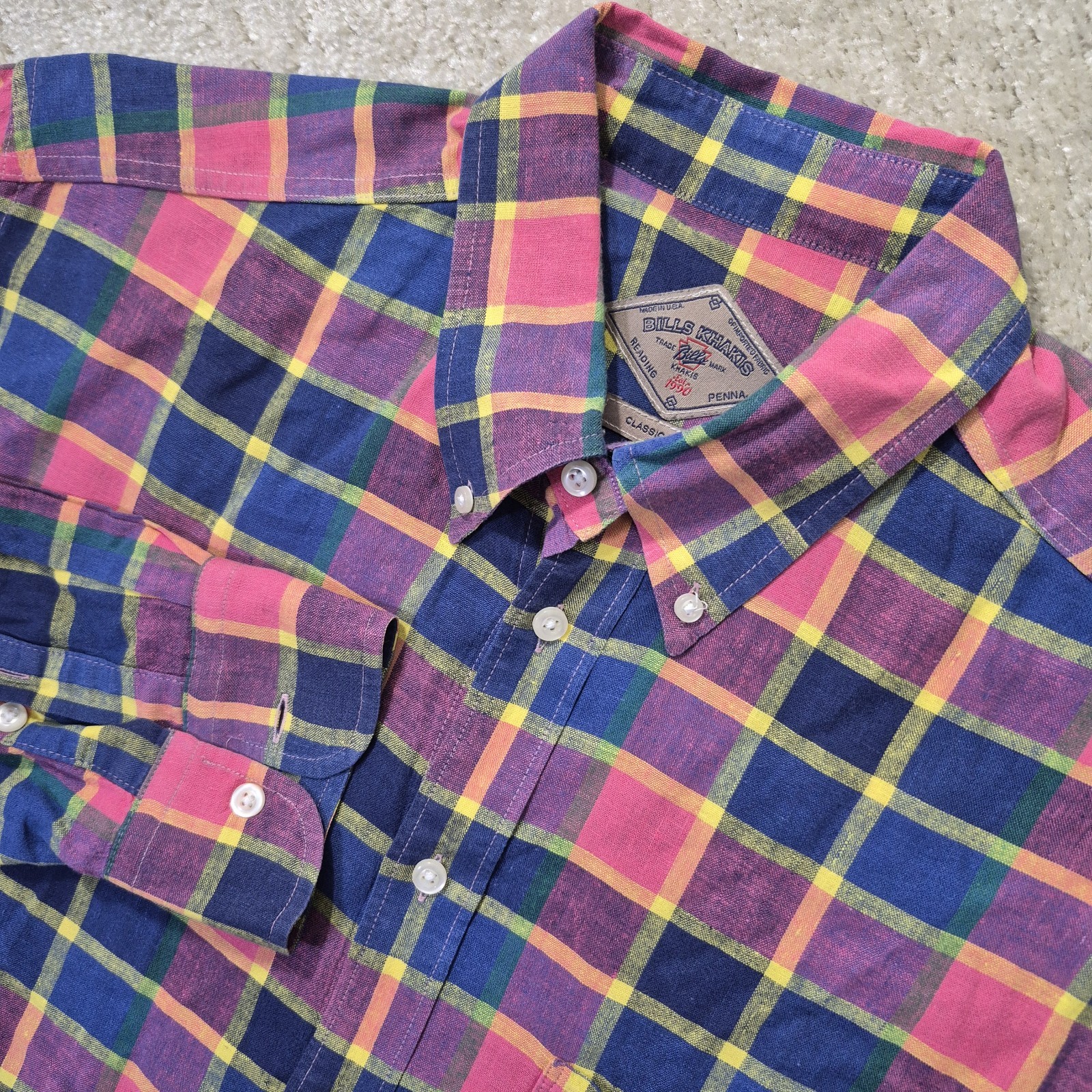 Bills Khakis Shirt Mens Large Pink Blue Check Linen Blend Button Down Coastal