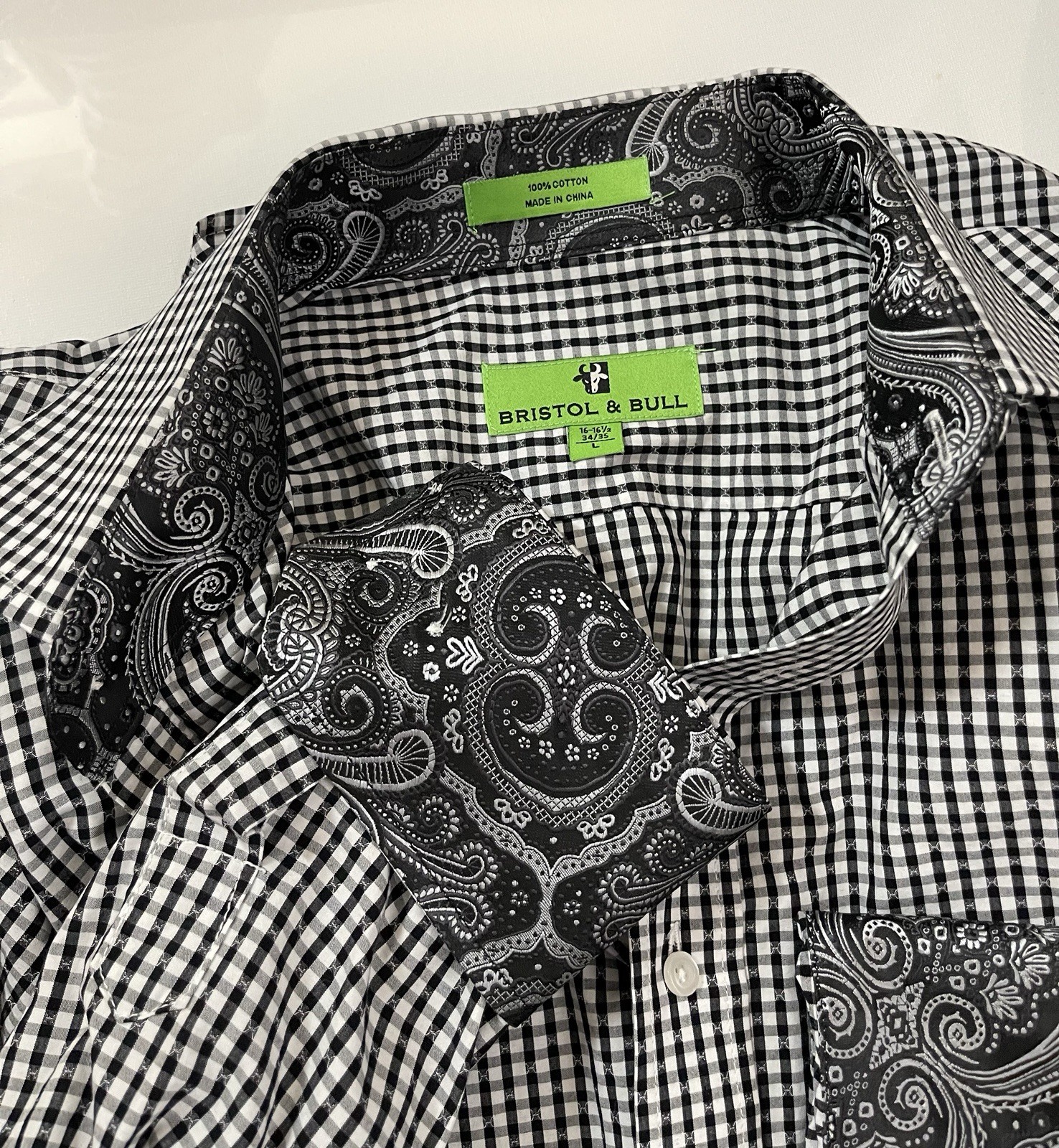 Bristol & Bull Black White Check Silver Paisley Flip Cuff LG Men’s Long Sleeve