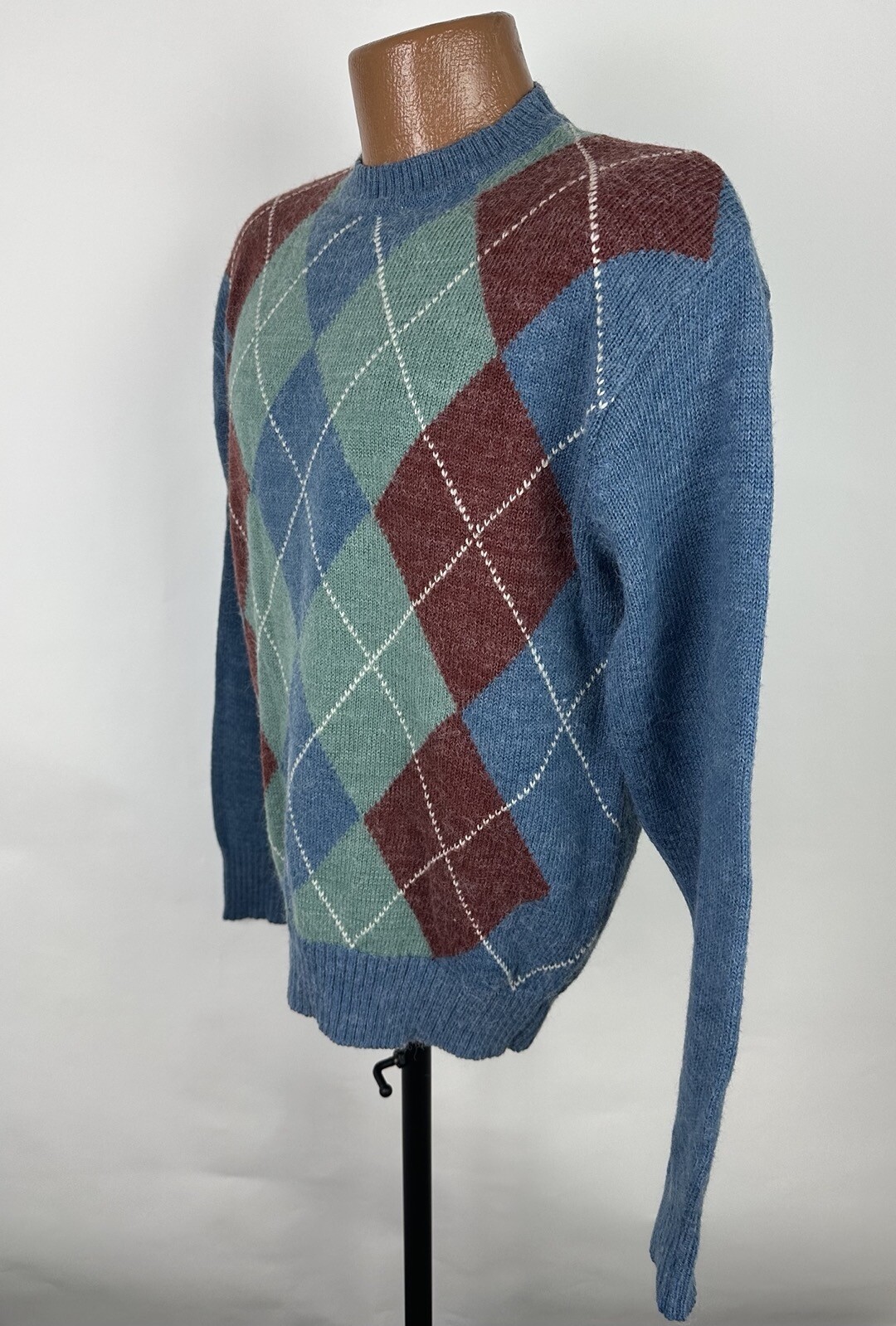 Vintage Golf Sweater Mens Large 80s Fuzzy Knit Argyle Dusty Blue Green Grandpa