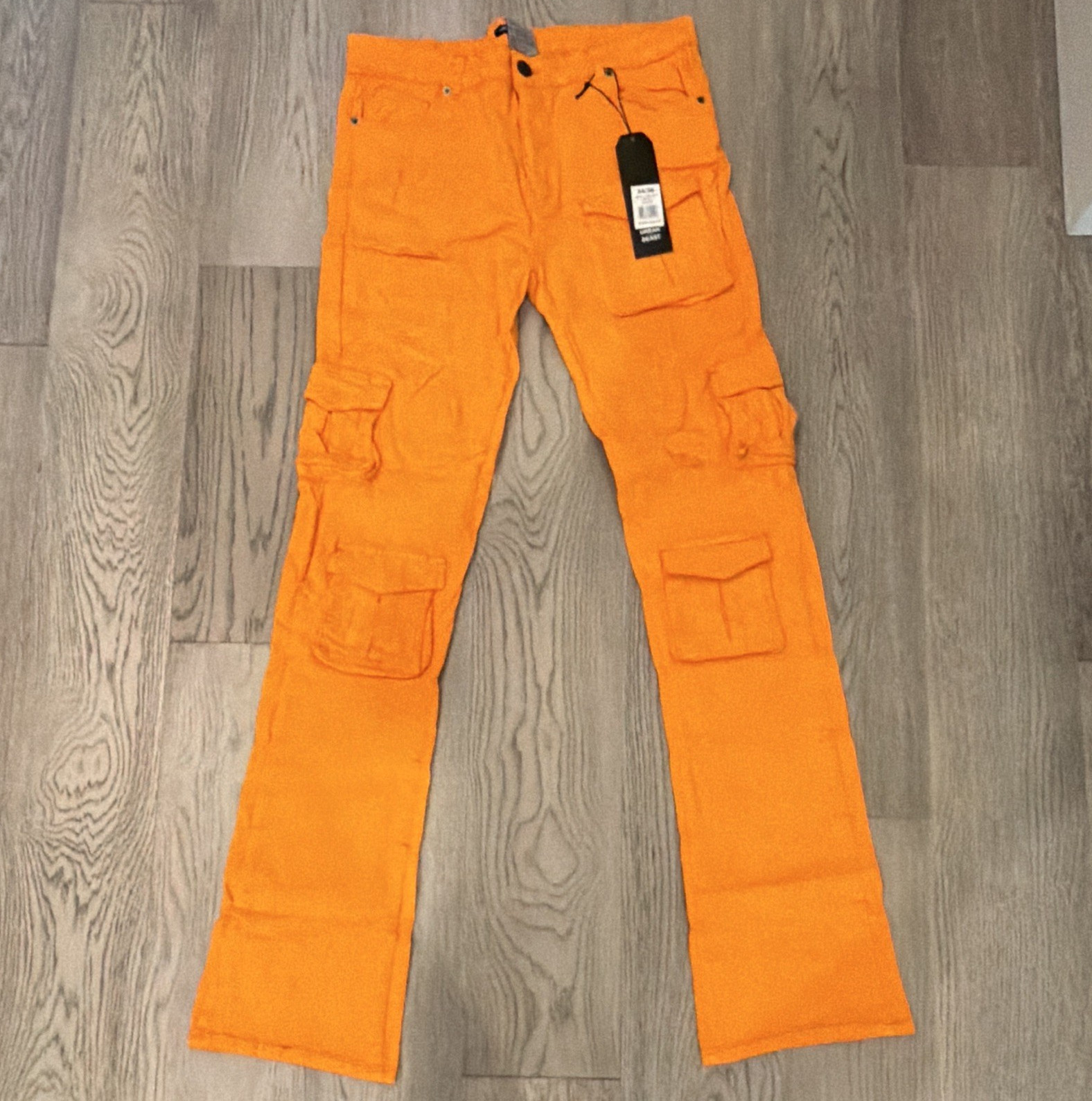 Urban Beast Men’s Orange Cargo Denim Stretch Fit Pants Straight Leg 34X36