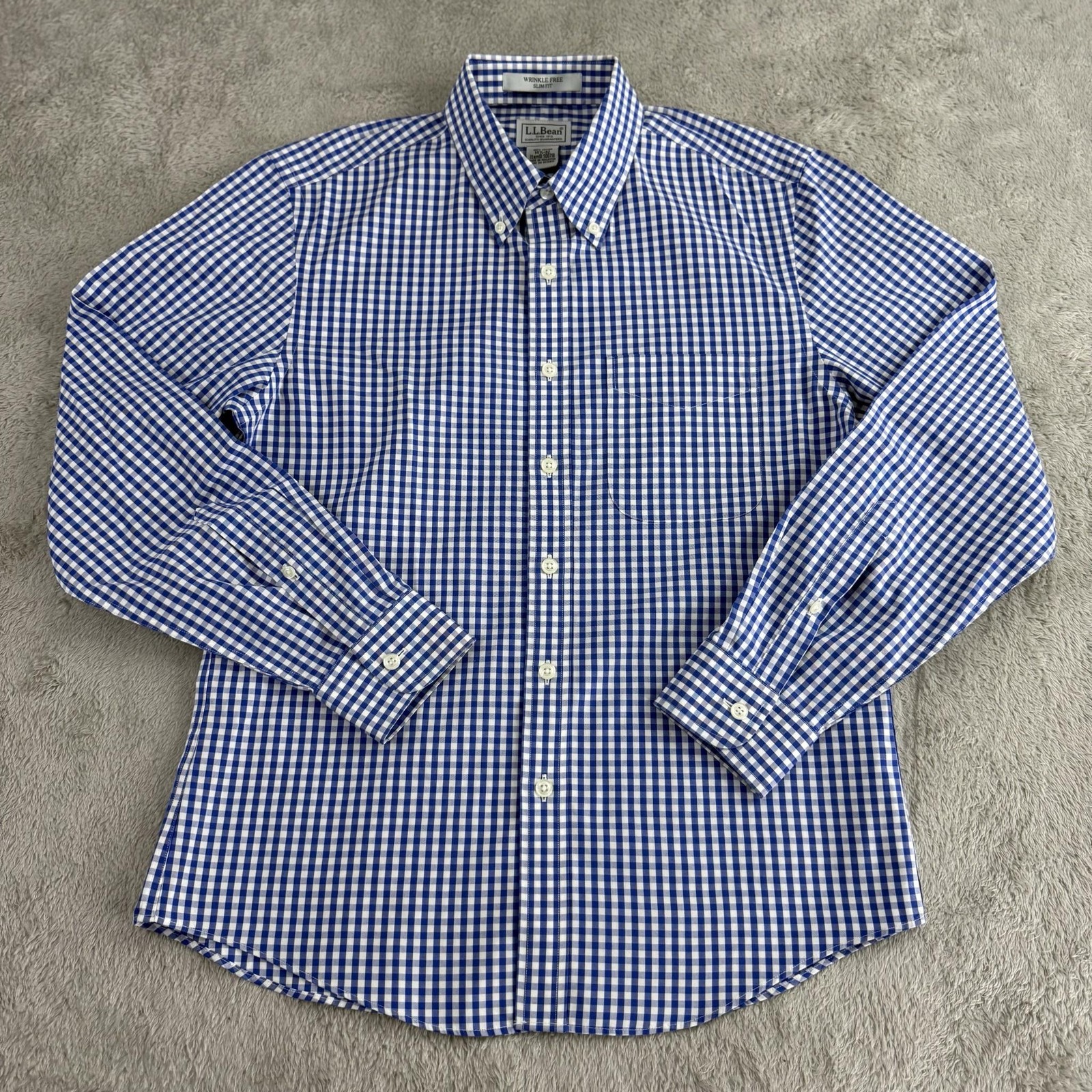 LL Bean Shirt Mens 14.5 32/33 Blue Gingham Slim Fit Wrinkle Free Office Casual