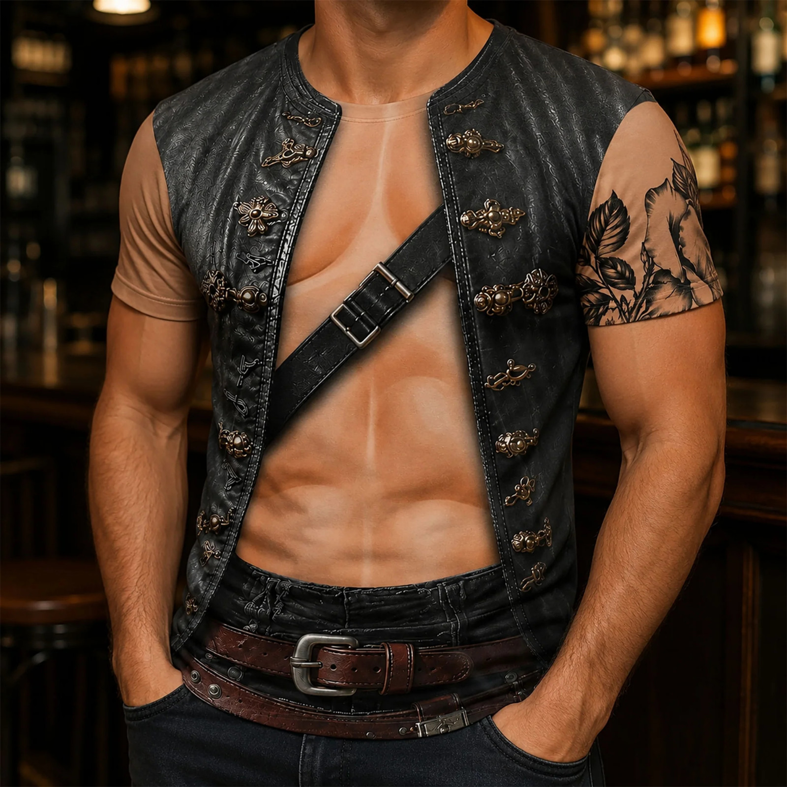 Mens Pirate Costume T-Shirt 3D Muscle Chest Halloween Leather Vest (S-5XL)