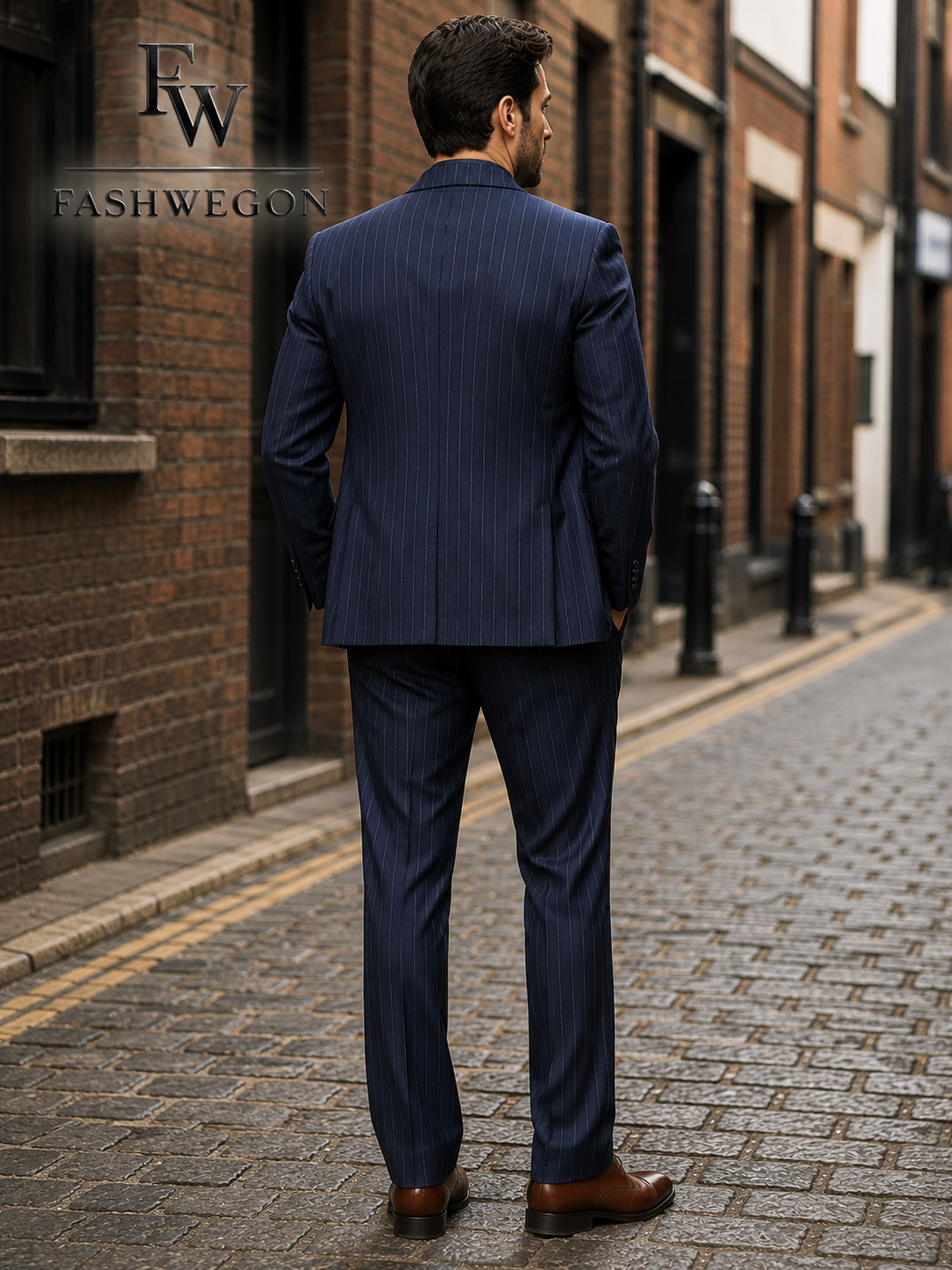 FASHWEGON Men’s Navy Pinstripe 3 Piece Suit Slim Fit Wedding Formal Business