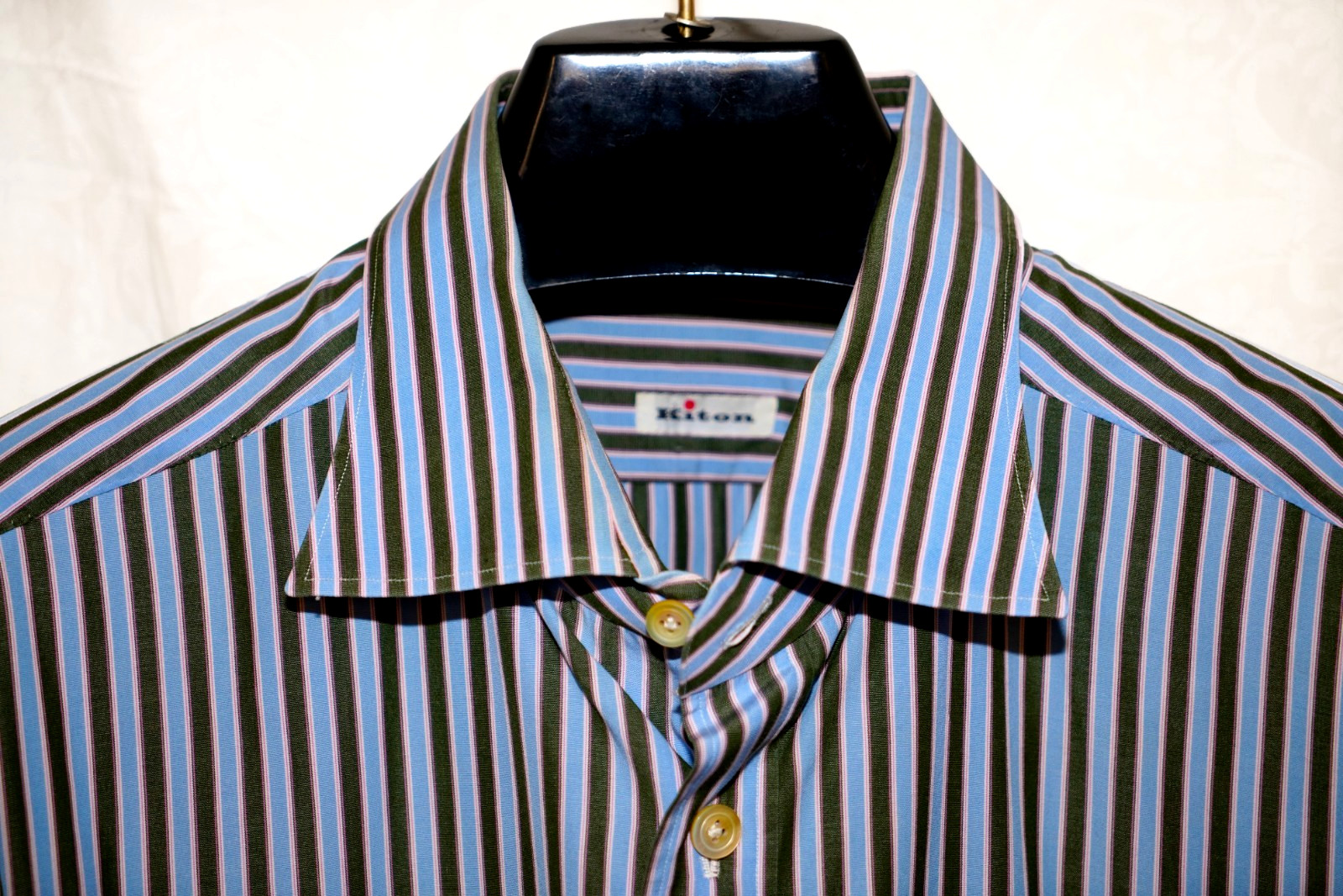 Kiton Men’s Dress Shirt Blue Red Stripes, Barrel Cuffs 17.5/35 Cutaway Collar