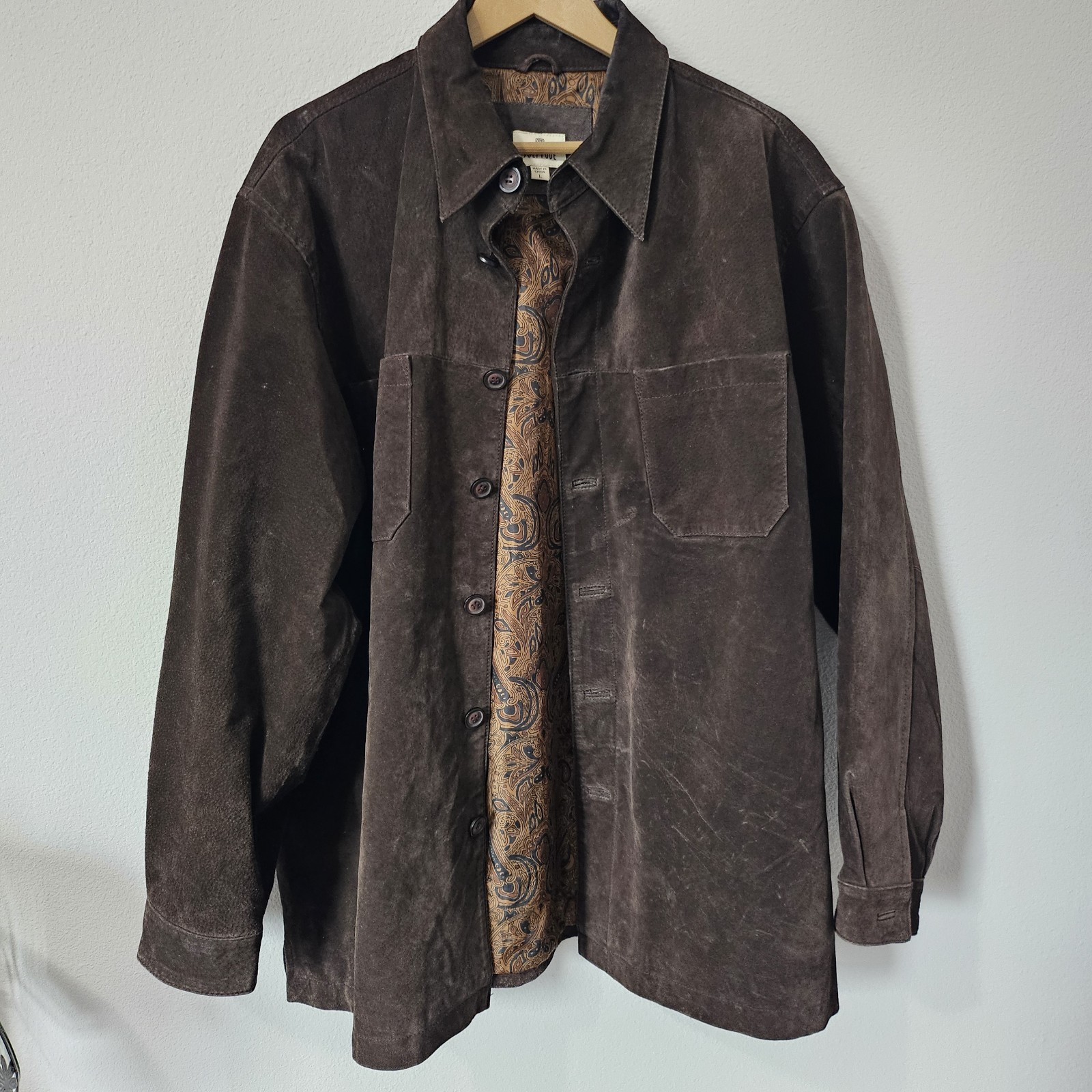 Solitude Mens Brown Suede Leather Jacket Paisley Lining Size L