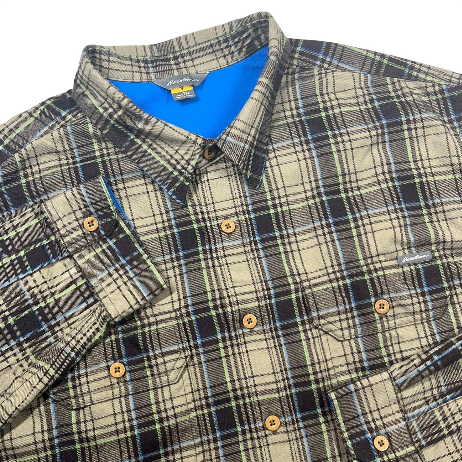 Eddie Bauer Travex Plaid Button Down Mens TXL Olive Brown Long Sleeve Shirt