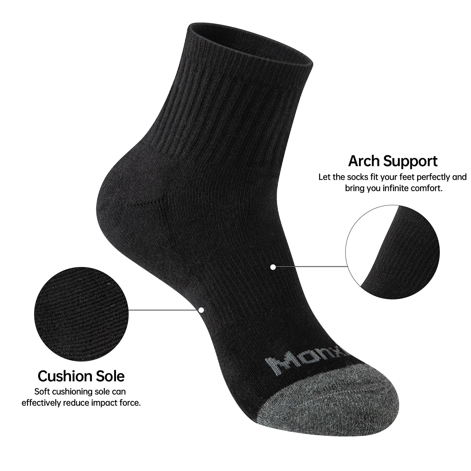Monxiery Mens 100% Cotton Cushioned Moisture Wicking One Size, 5 Pairs Black