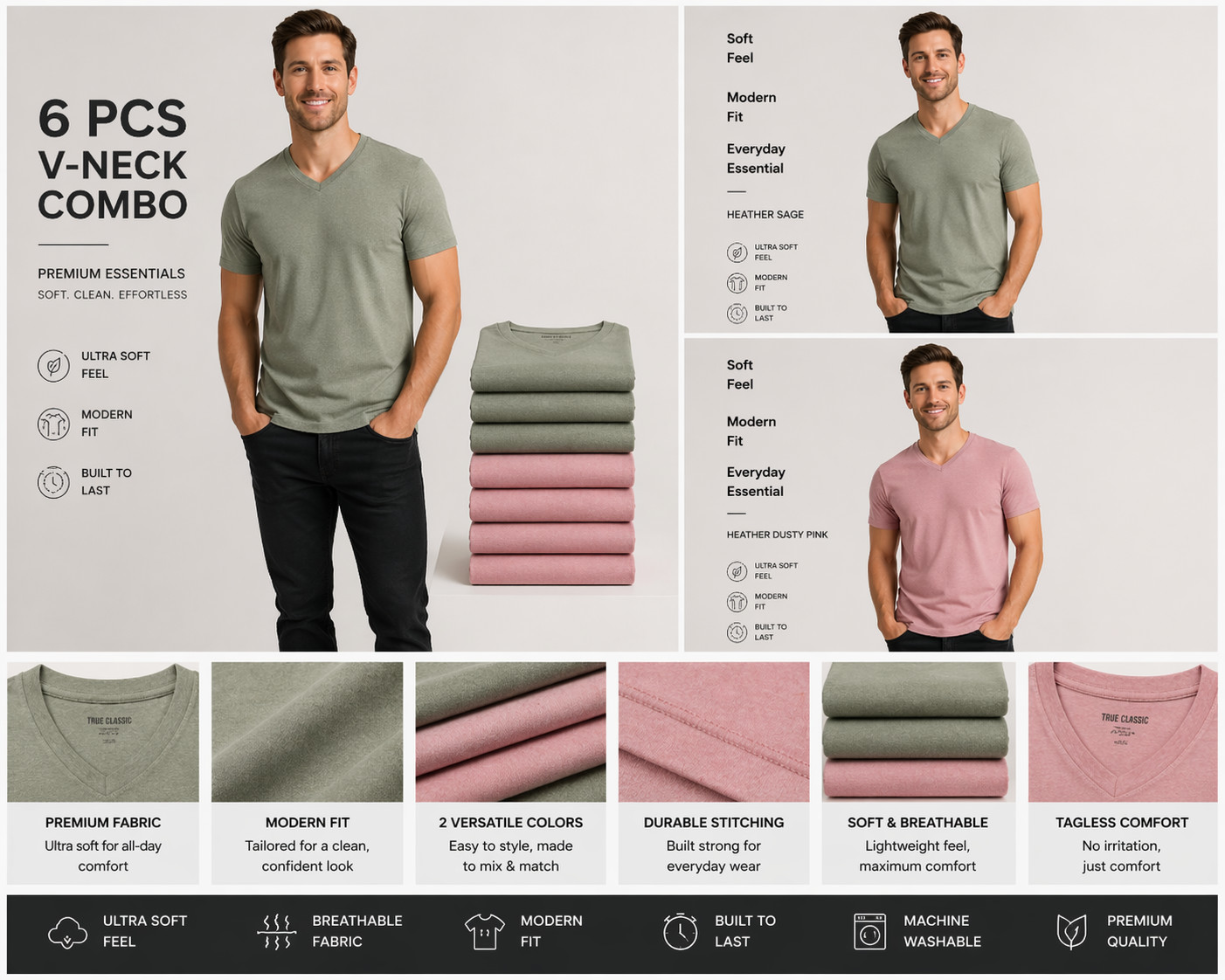 True Classic V-Neck 6 Pack Men Size L Pink & Sage Special Bundle Deal