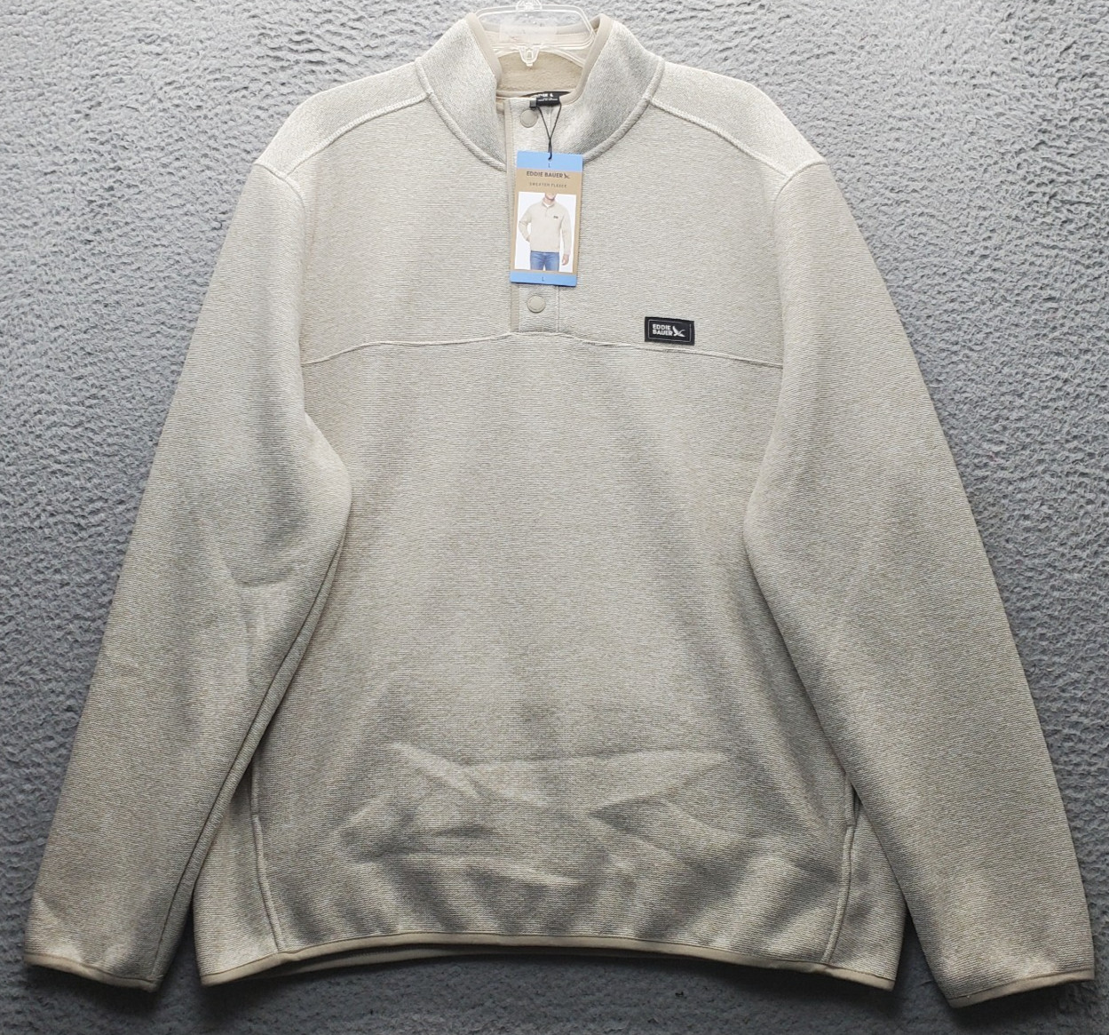 Eddie Bauer Fleece Knit Warm Sweater Men Large Tan Hidden Mesh 1/4 Snap Pullover