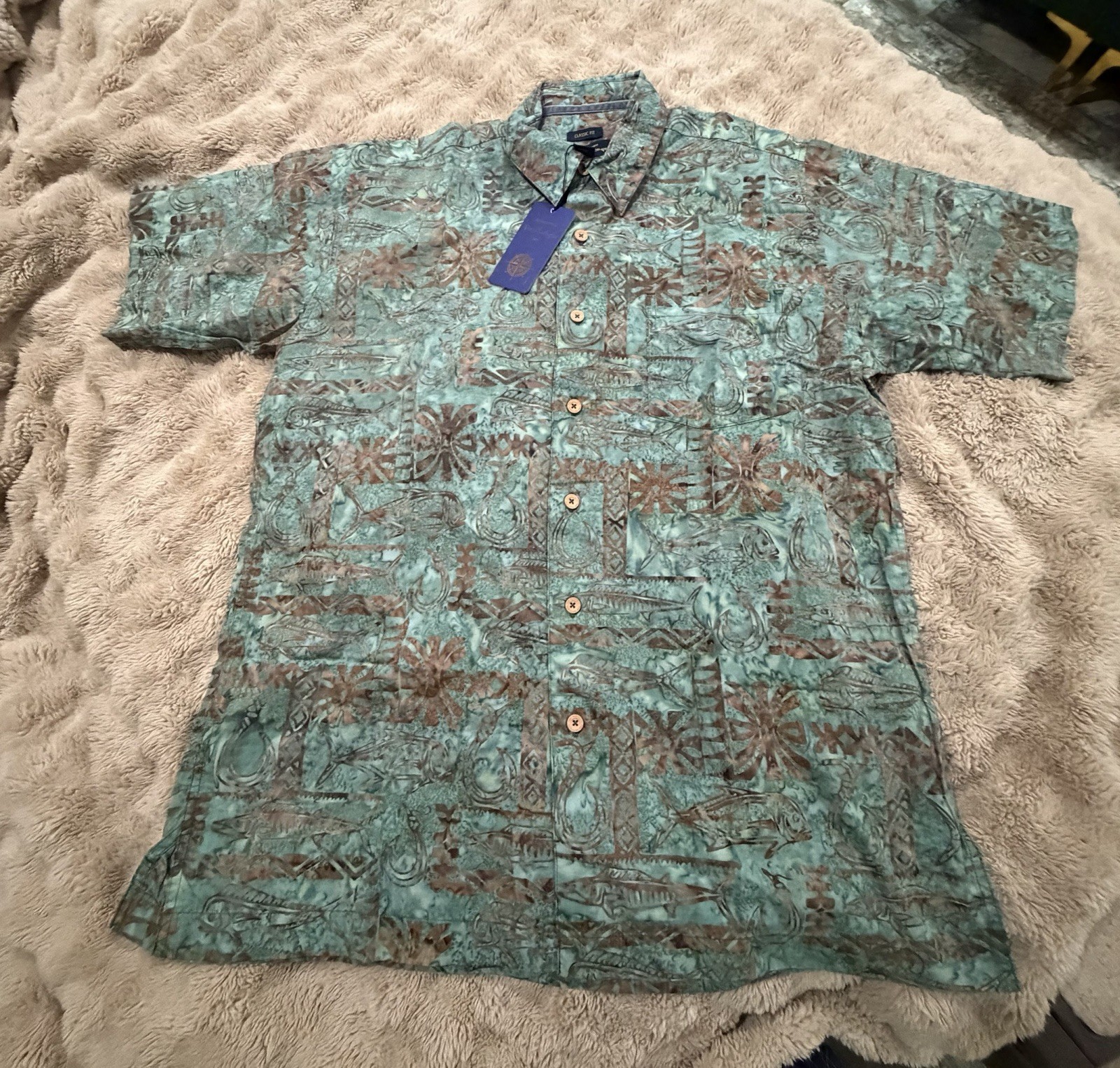 Pete Huntington Bali Batik Shirt Mens L NWT Handcrafted Fish Tribal Print