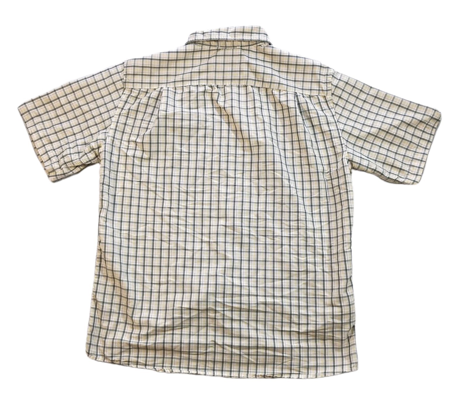 Eddie Bauer Travex Button Up Shirt Mens Small Yellow Gray Plaid Short Sleeve