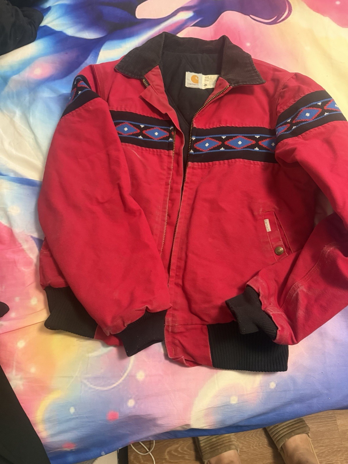 Carhartt Men’s M Red Full Zip Lined Bomber Jacket Geometric Aztec Pattern