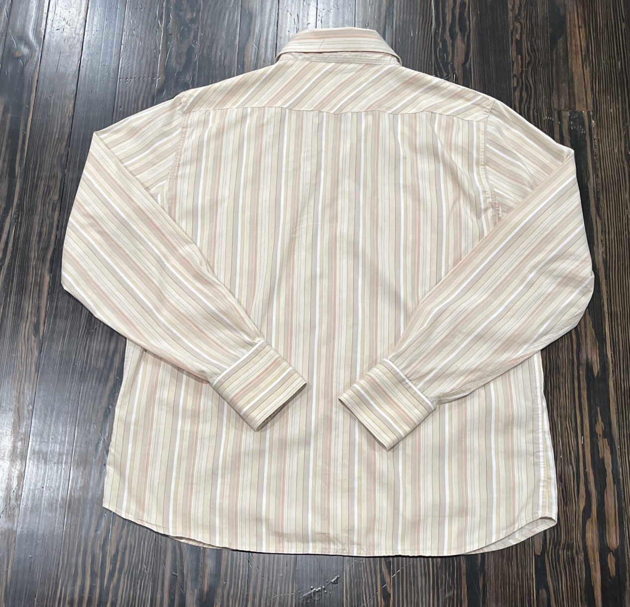 Objet Long Sleeve Pearl Snap Shirt Men’s XL Beige Stripes Polyester Nylon Lycra