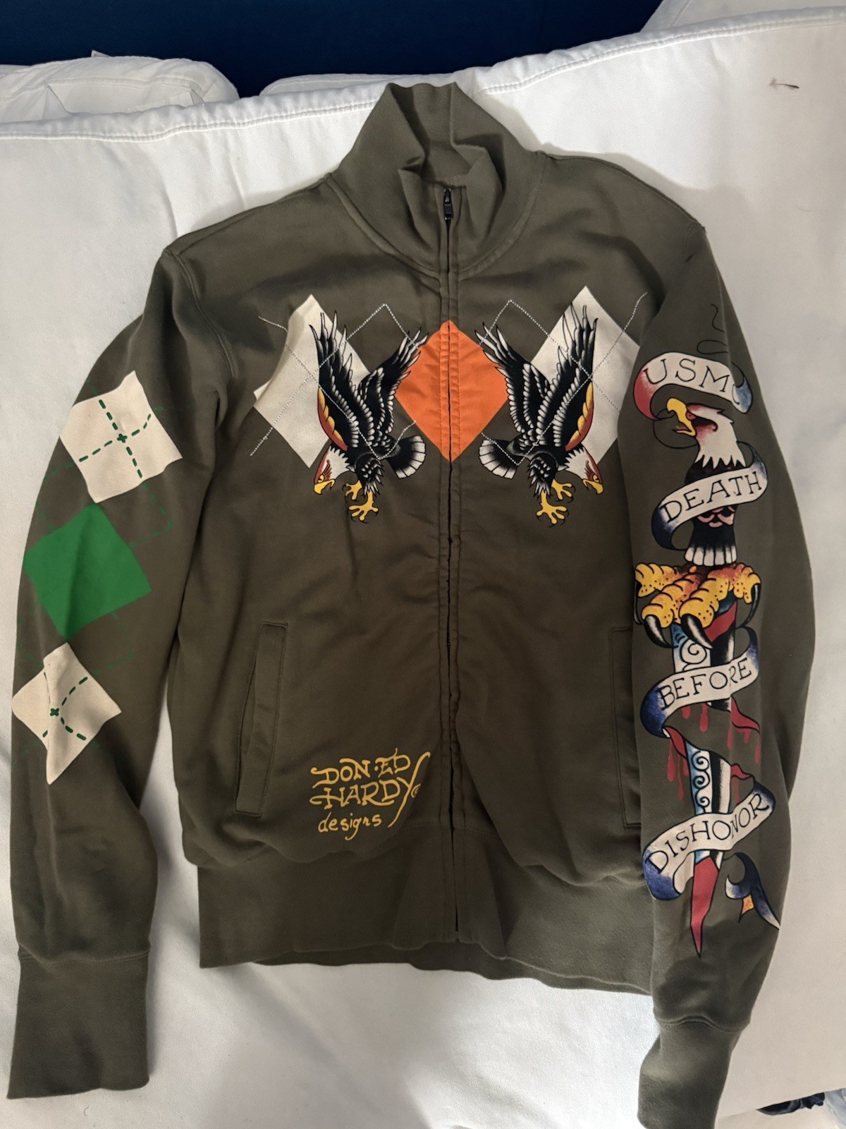 Don Ed Hardy Vintage Zip-Up Jacket XL New York City/Usmc Death Before Dishonor