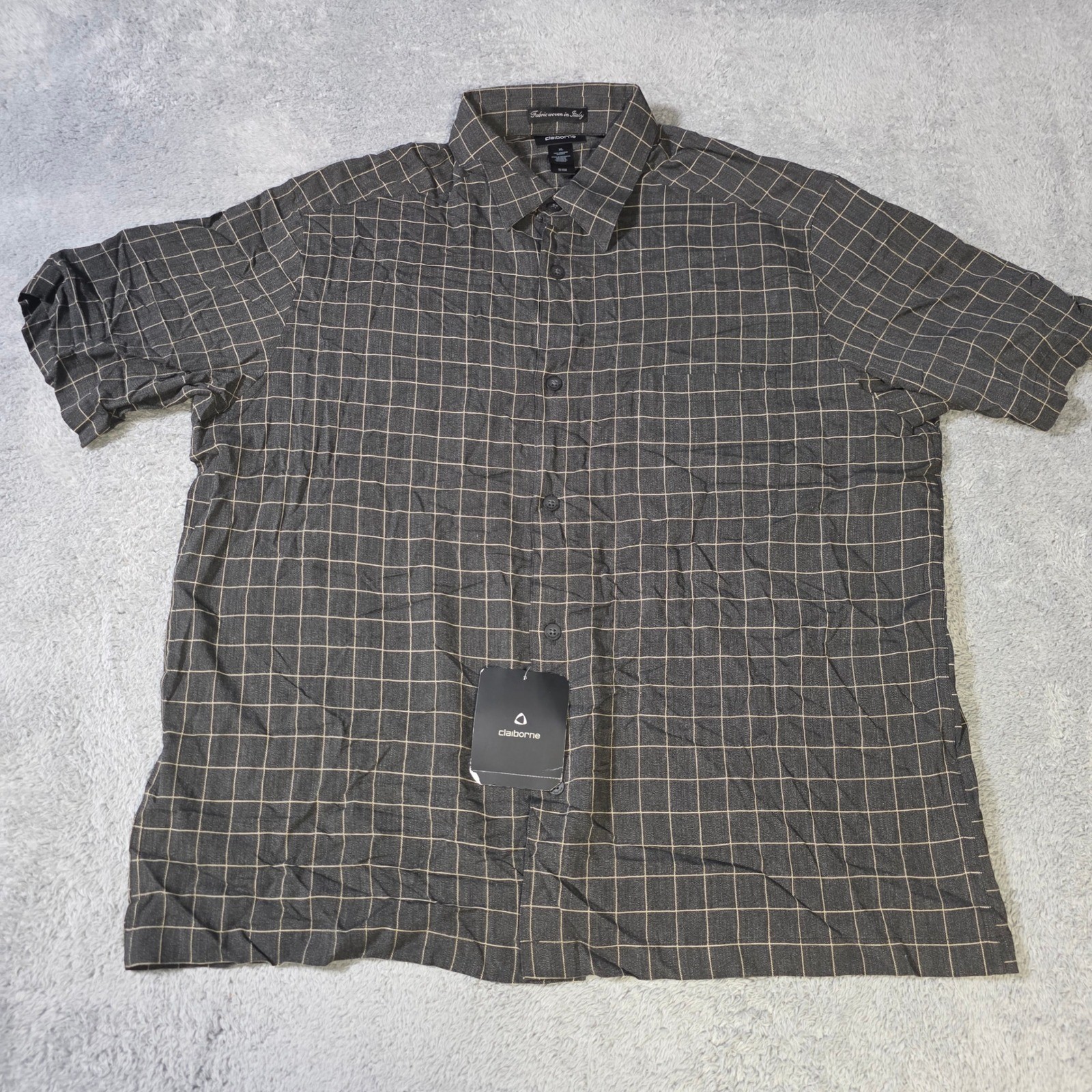 Claiborne Mens XL Button Up Shirt Gray Windowpane Italian Fabric Viscose SS