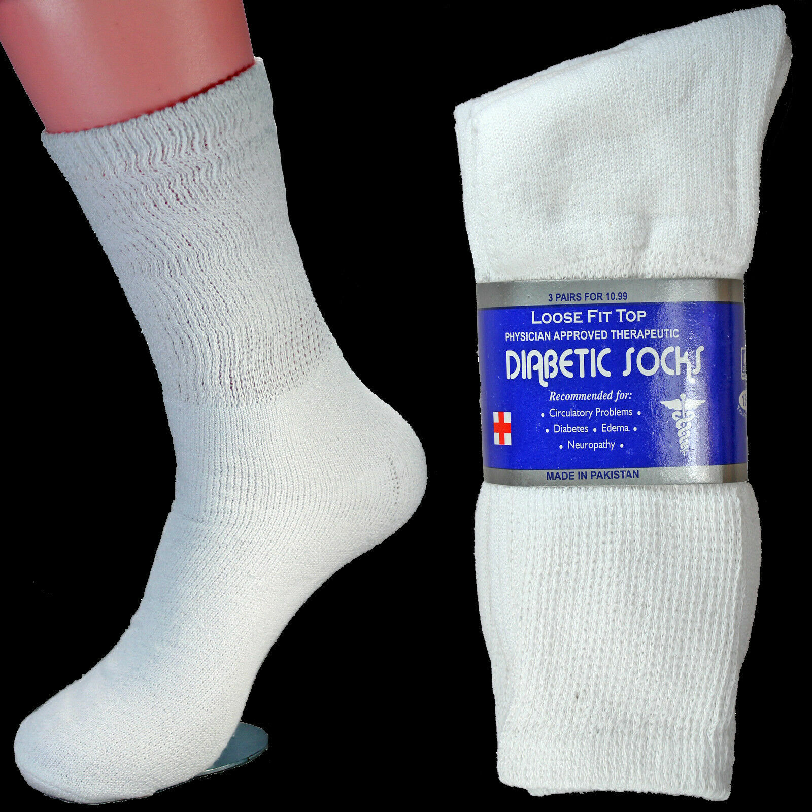 12 Pairs Men’s White Diabetic Crew Socks Circulatory Health Cotton Loose Fit Top