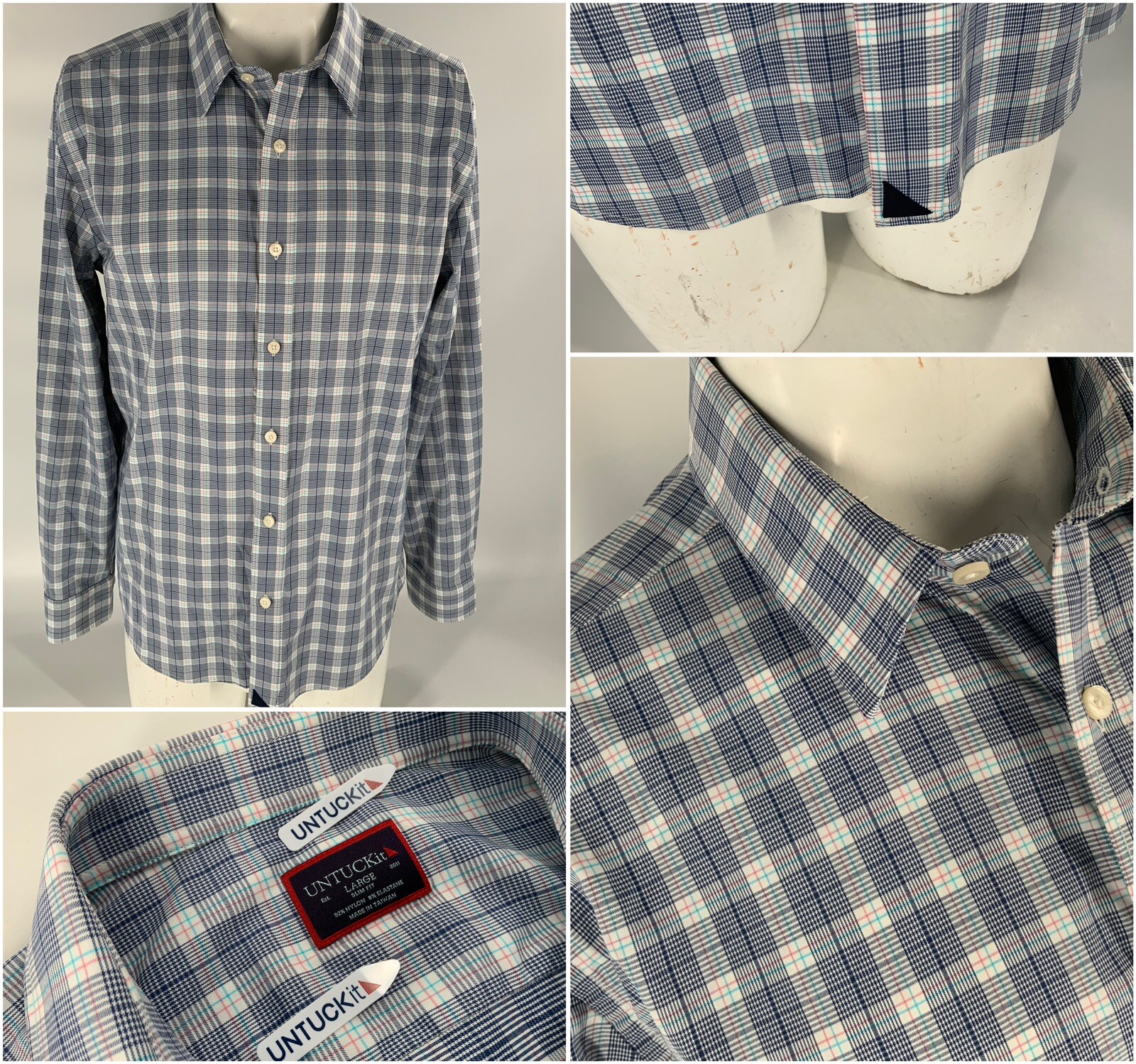 UNTUCKit Button-Up Shirt Men’s L Slim Fit Blue Plaid Nylon Lycra YGI C3-59