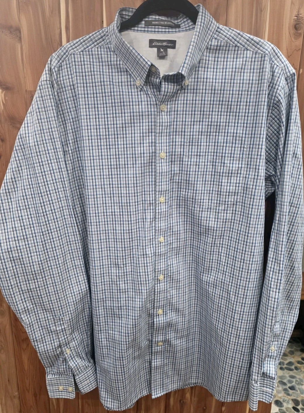 Eddie Bauer Men’s Tall XL Blue Wrinkle Free Relaxed Fit Check 100% Cotton