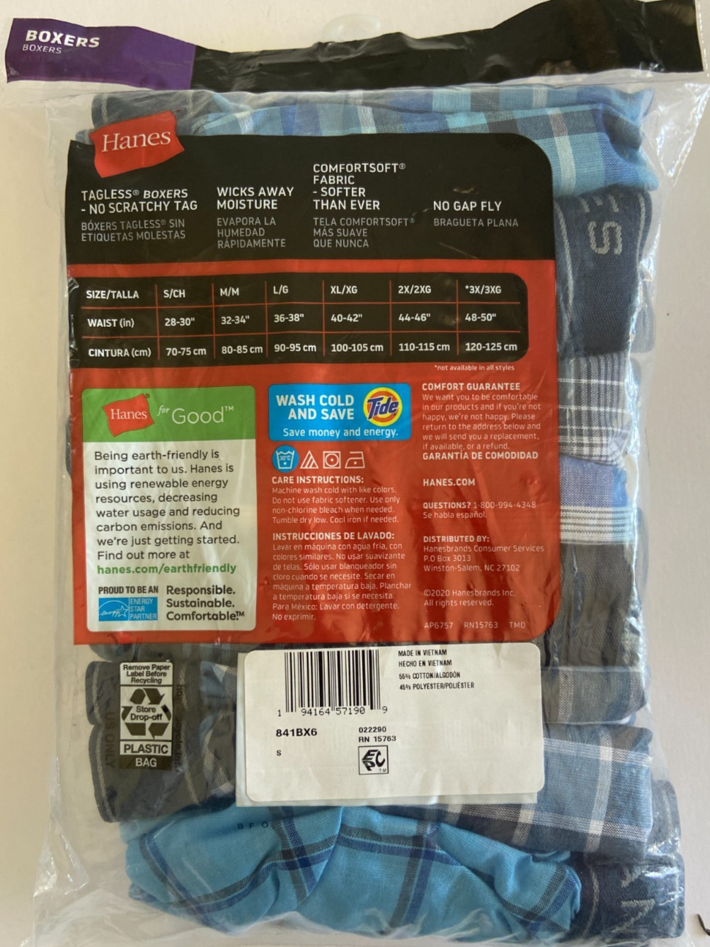 6-Pack HANES Men’s Size S Tagless Boxers Wicking Cool Comfort Plaid No Gap Fly