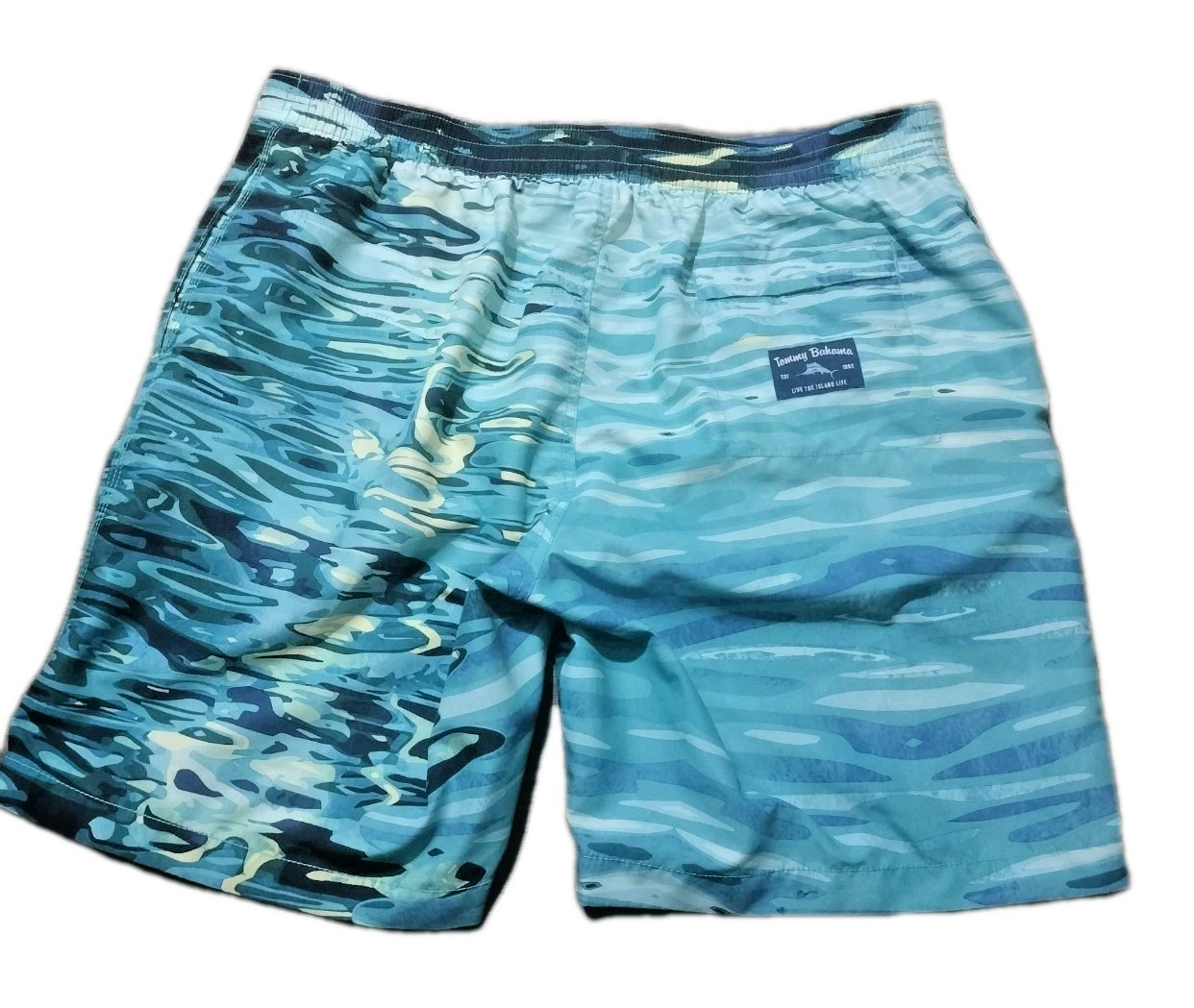Tommy Bahama Swim Trunks Men XXL Blue Yellow Wave Aquatic AOP Marlin Logo